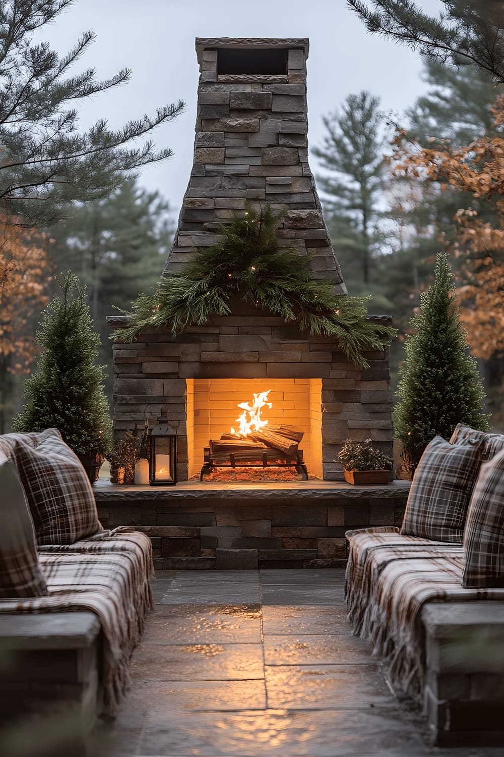 A rustic outdoor setting at twilight features a sturdy stone-built fireplace with a classic brick chimney in the center. Surrounding the fireplace are natural stone benches adorned with plaid blankets. Tall potted pine trees frame the scene, creating a comfortable and inviting atmosphere bathed in the warm glow of the fireplace.