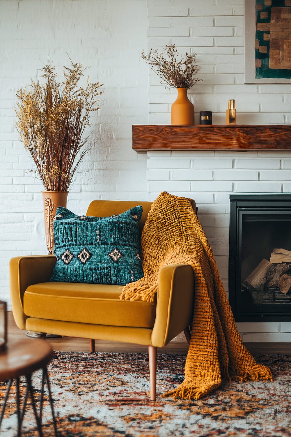 A stylish living room features a mustard-yellow armchair adorned with a blue and white geometric-patterned cushion and a cozy mustard knitted throw. The chair sits on a vibrant, multicolored rug next to a white brick fireplace with wood logs inside. Above the fireplace, a simple wooden mantelpiece displays an orange vase with dried flowers, a candle, and another small ornament. To the left, a large vase holds more dried flowers. A section of abstract artwork is visible on the white brick wall above the mantelpiece.