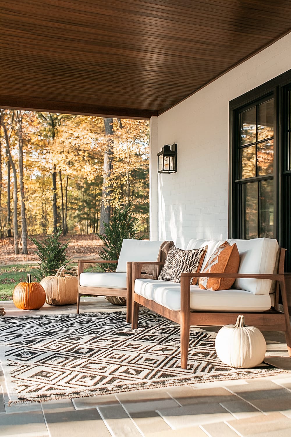 A beautifully designed outdoor porch with a warm and inviting ambiance. The porch features wooden furniture adorned with white cushions and patterned throw pillows in earthy tones. A geometric black and white area rug enhances the contemporary look, while pumpkins of varying sizes and colors add a festive autumn touch. The ceiling is finished with rich, dark wood, providing a striking contrast to the white brick wall and black-framed windows. Outdoors, the lush greenery and trees displaying fall foliage create a picturesque background.