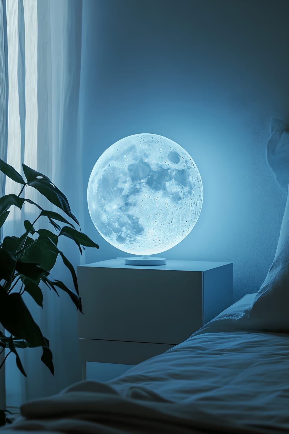 A spacious bedroom with a minimalist design, featuring a large white bed and a white bedside table. On the table, a moon-shaped night light emits a soft blue glow, casting gentle shadows on the white walls of the room. The room also contains a single green plant and is illuminated by natural light coming in through large windows.