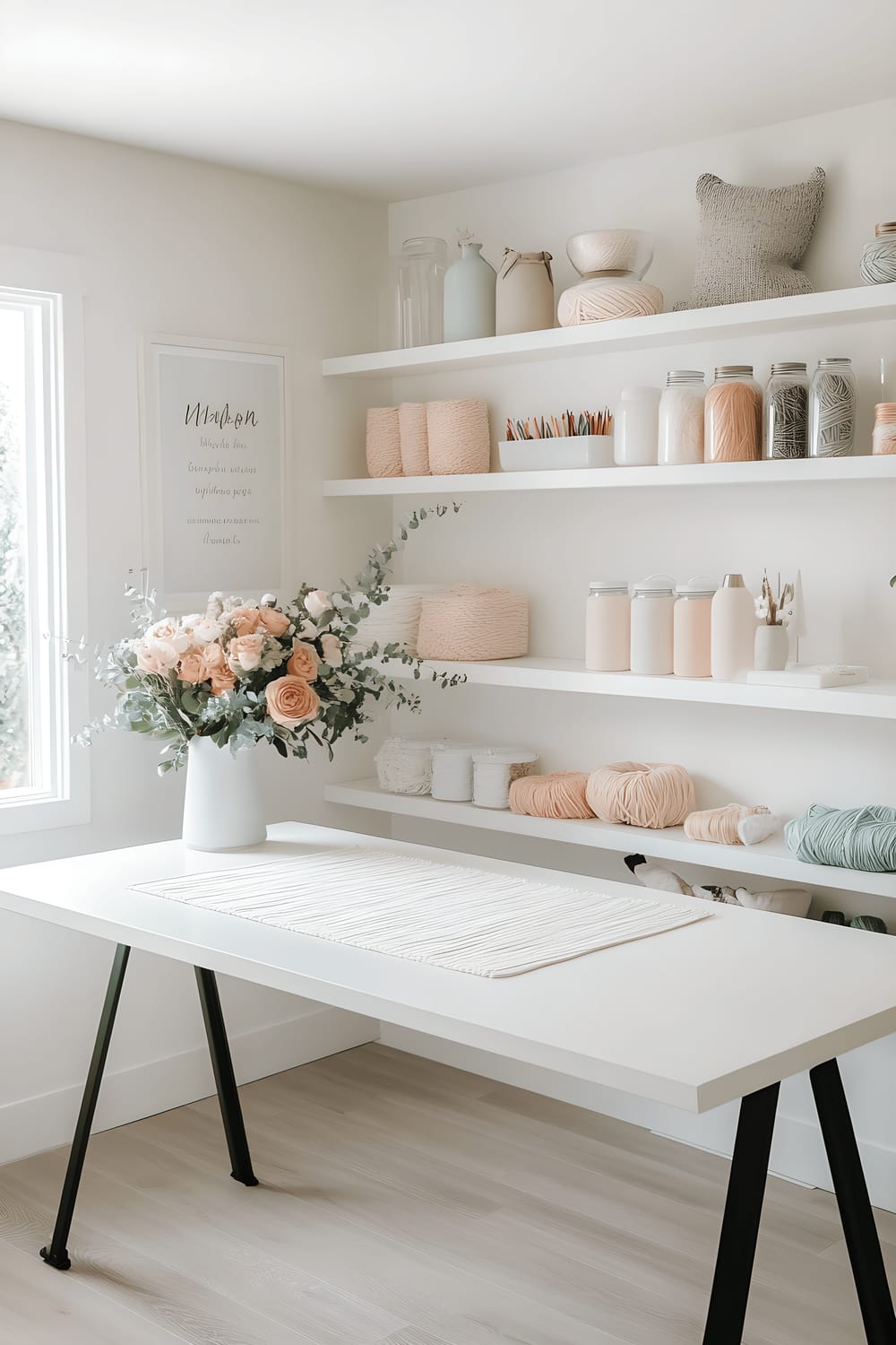 A bright, well-organized craft room with oak flooring and white walls with a black-lettered quote. The room features a white crafting table holding neatly organized pastel-colored yarns, black-handled scissors, and a vase with wildflowers. Open white shelves with craft supplies in clear containers hang above the table and a window lets in soft light.