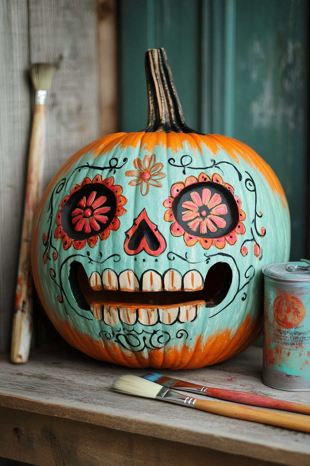 An intricately painted pumpkin designed in the style of a Dia de los Muertos sugar skull. The pumpkin is predominantly orange with a turquoise green face. Detailed floral patterns in red, orange, and black adorn the eyes and forehead. The mouth is carved out, showcasing a row of teeth, and a can of paint with two paintbrushes is visible beside the pumpkin.