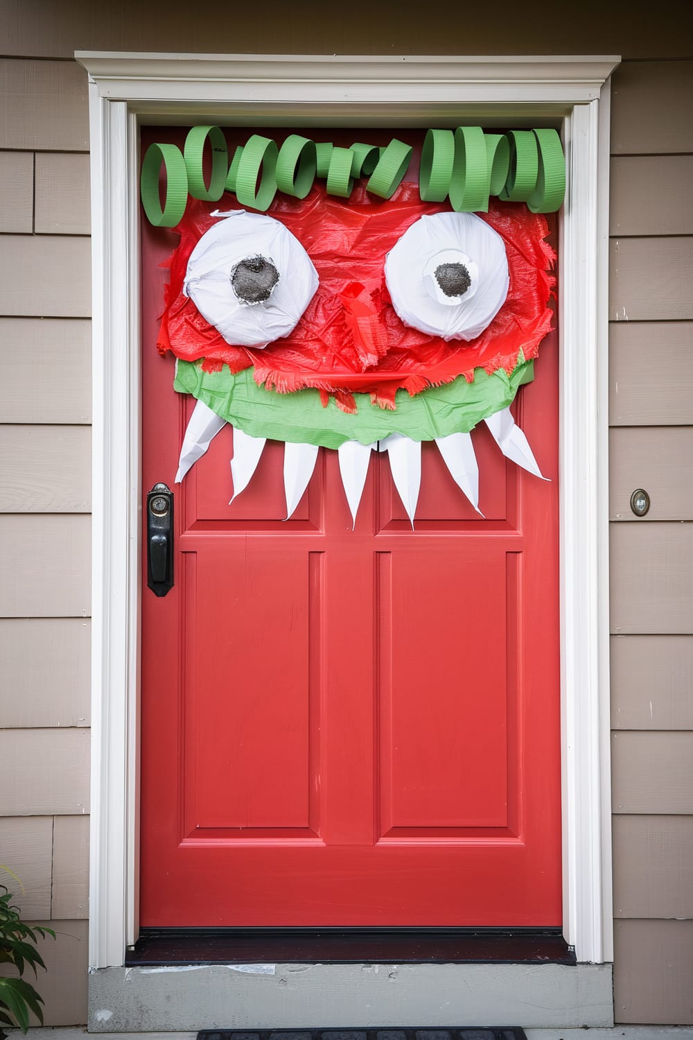 A front door decorated for Halloween, designed to resemble a monster face. The door is painted red and features large googly eyes made from white paper plates with black paper centers. The monster’s eyebrows are crafted from curled green construction paper. The mouth is formed with red tissue paper, green fringe representing the lips, and white teeth cut from paper, giving a humorous and spooky appearance.