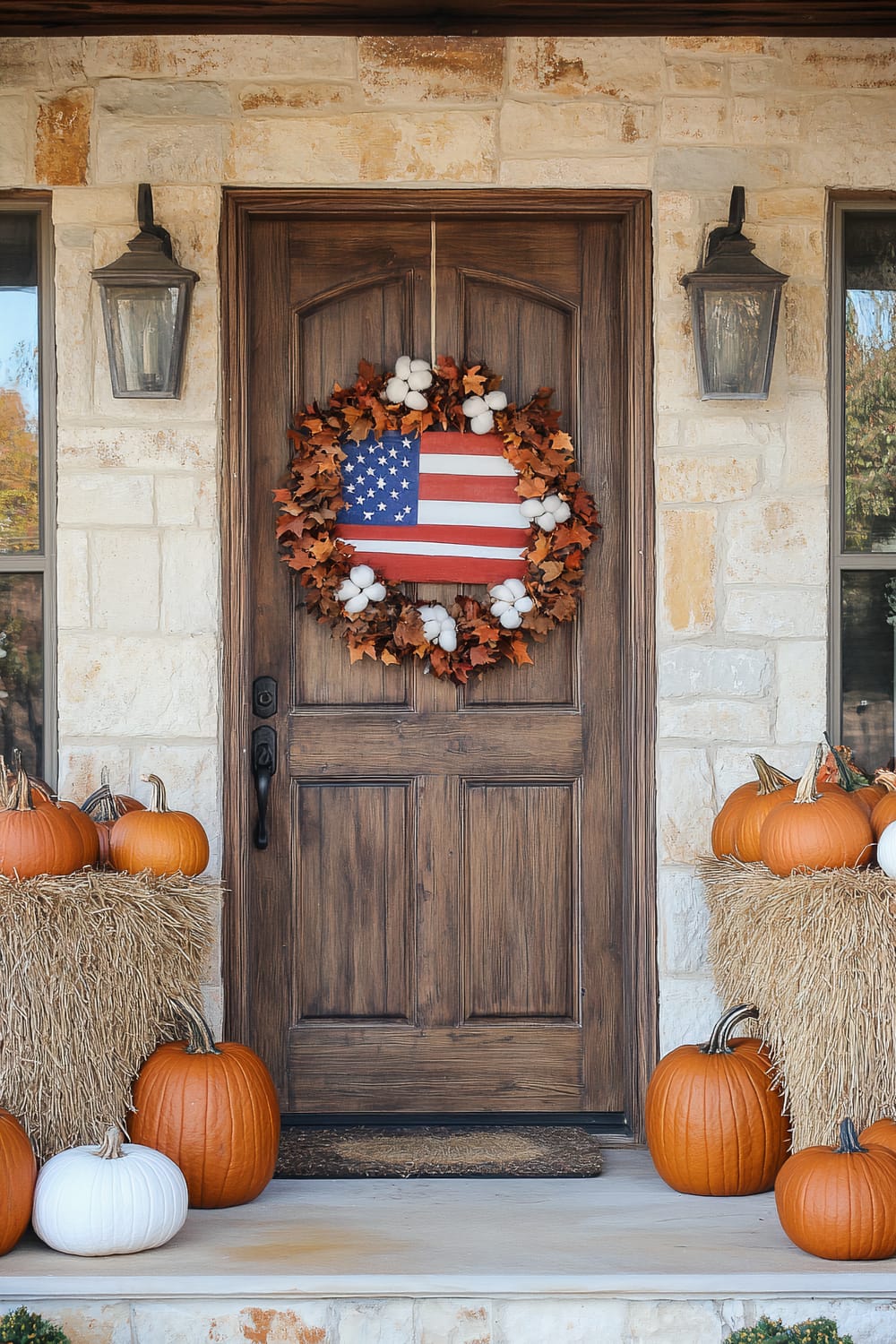 A front door decorated with an American flag-themed wreath made of leaves and cotton tufts. The door is flanked by two windows and two rustic lanterns. Hay bales with orange and white pumpkins are placed on either side of the door.