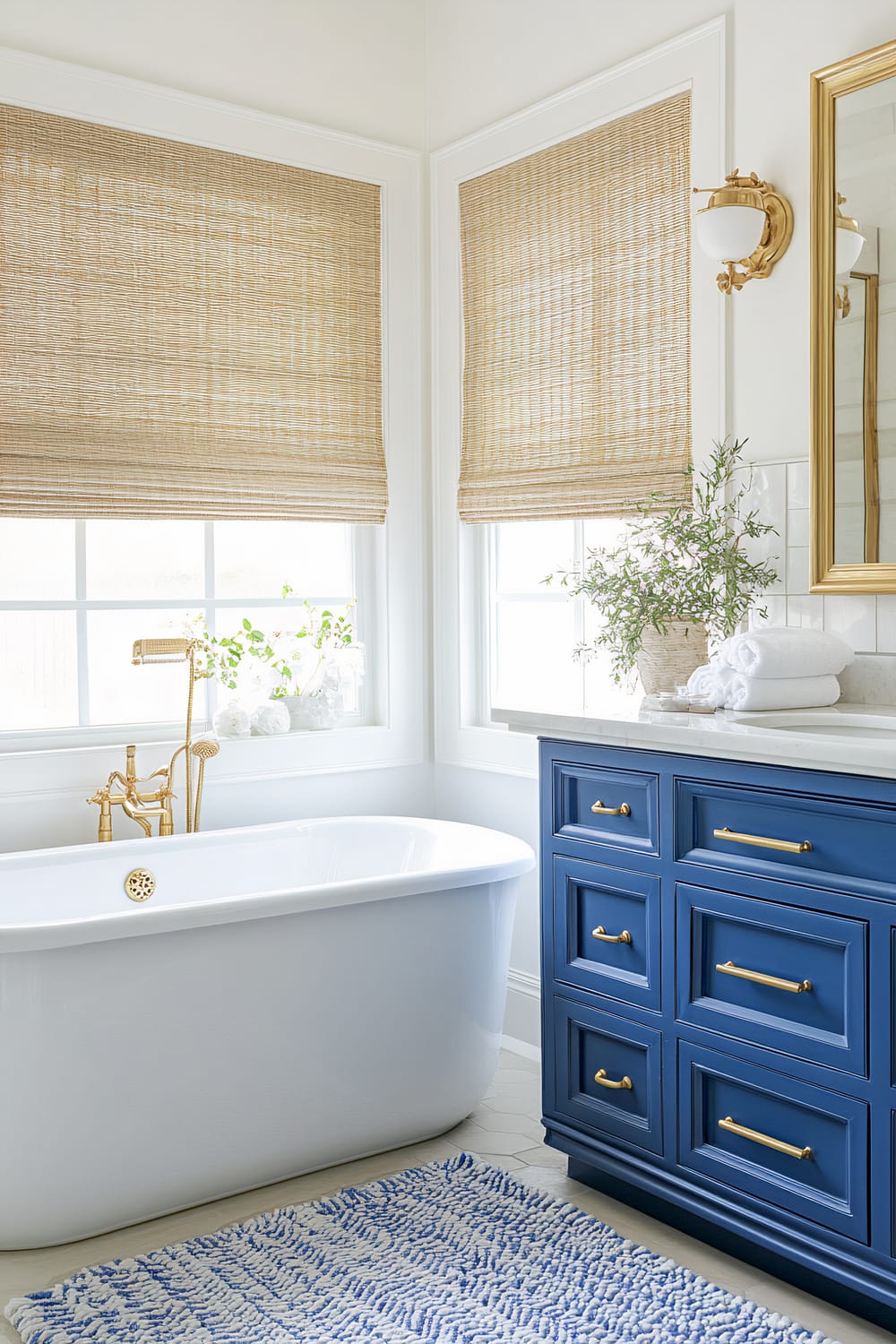 Elegant bathroom featuring a freestanding white bathtub with golden fixtures, positioned next to two windows with woven bamboo Roman shades. A navy blue vanity with gold handles adds a pop of color, while a plush blue-and-white rug offers texture. Counterspace includes a potted plant and neatly folded white towels.