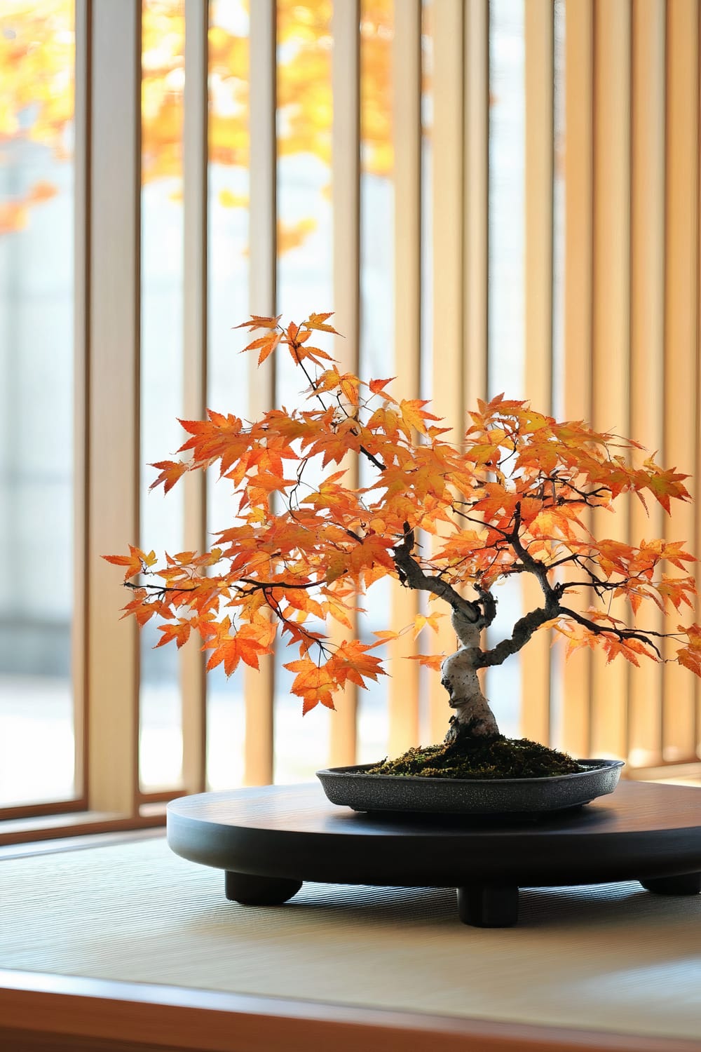 A small bonsai tree with vibrant fall foliage sits on a minimalist coffee table. The background features vertical wooden slats and a blurred view of autumn leaves outside.