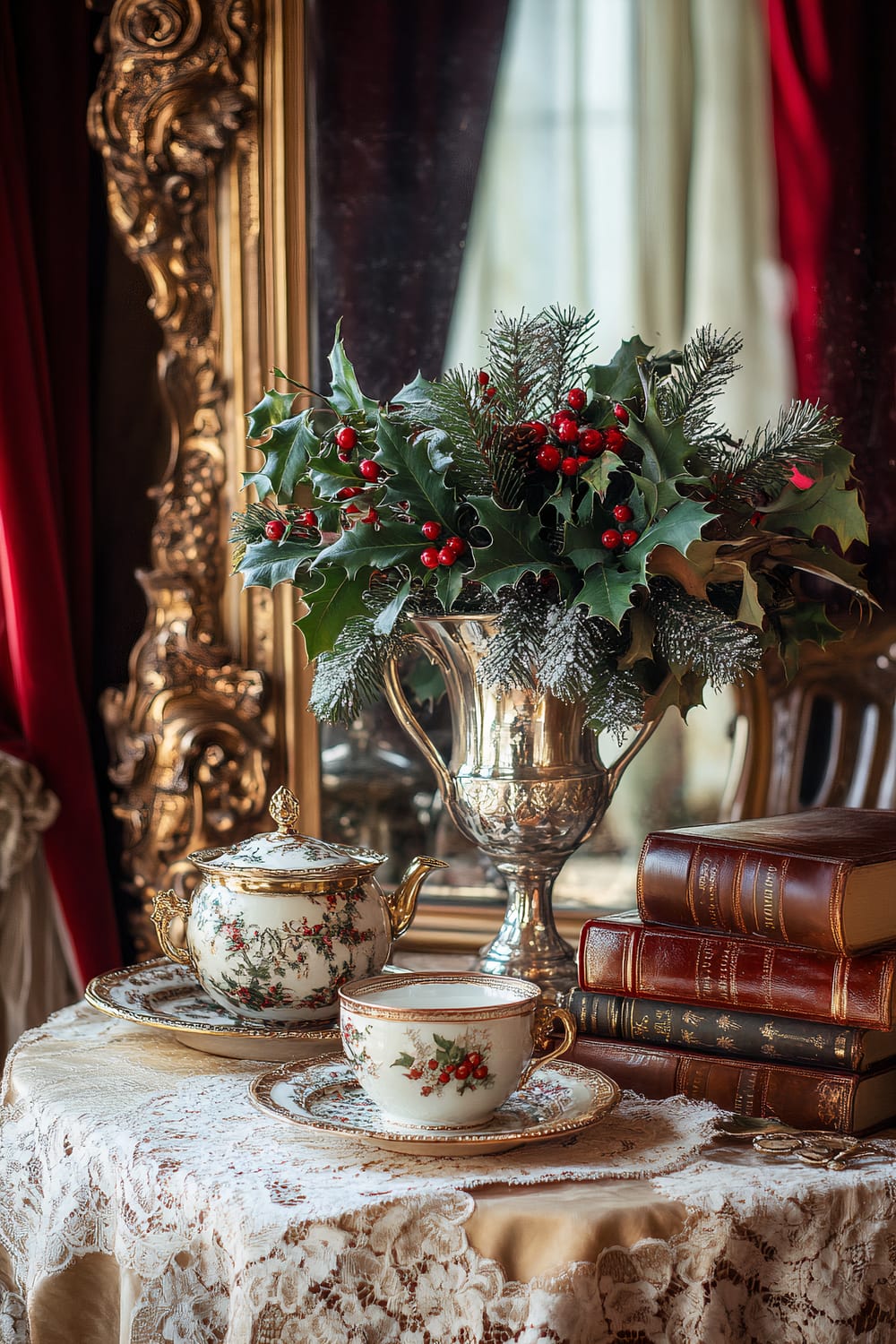 A detailed and ornate scene showcases a vintage tea setting. Centered on a lace-covered table, a cream-colored china teapot and matching teacup with delicate floral patterns sit. Next to them, a stack of old, leather-bound books and a silver urn filled with holly and berries contribute to the festive feel. Behind, a richly decorated gilded mirror reflects the opulence, with deep red and cream curtains adding further elegance.