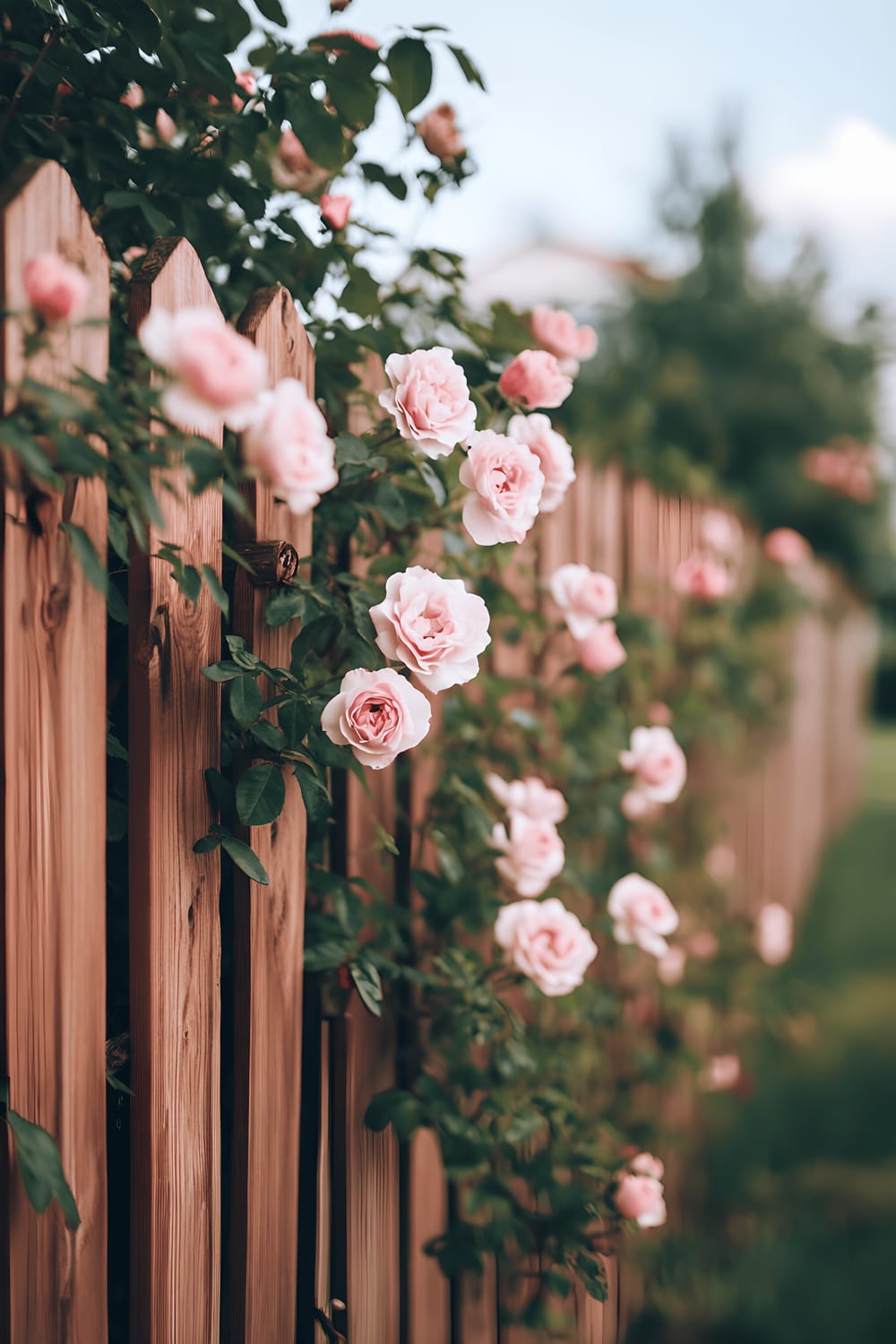 A splendid suburban backyard with lush green grass, surrounded by a wooden privacy fence covered in clusters of pink climbing roses.