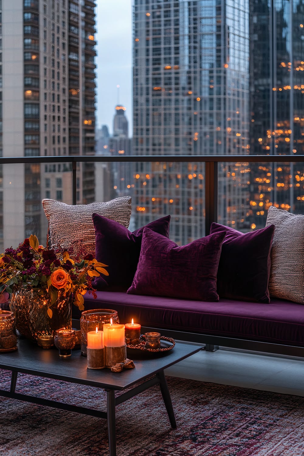 A modern balcony setup with a stunning cityscape in the background. The balcony is adorned with a purple cushioned bench decorated with velvet throw pillows in shades of purple and gray. In front of the bench is a black coffee table holding an assortment of lit candles, creating a warm ambiance. A vase with a vibrant floral arrangement stands on the table, complementing the cozy and elegant setup.