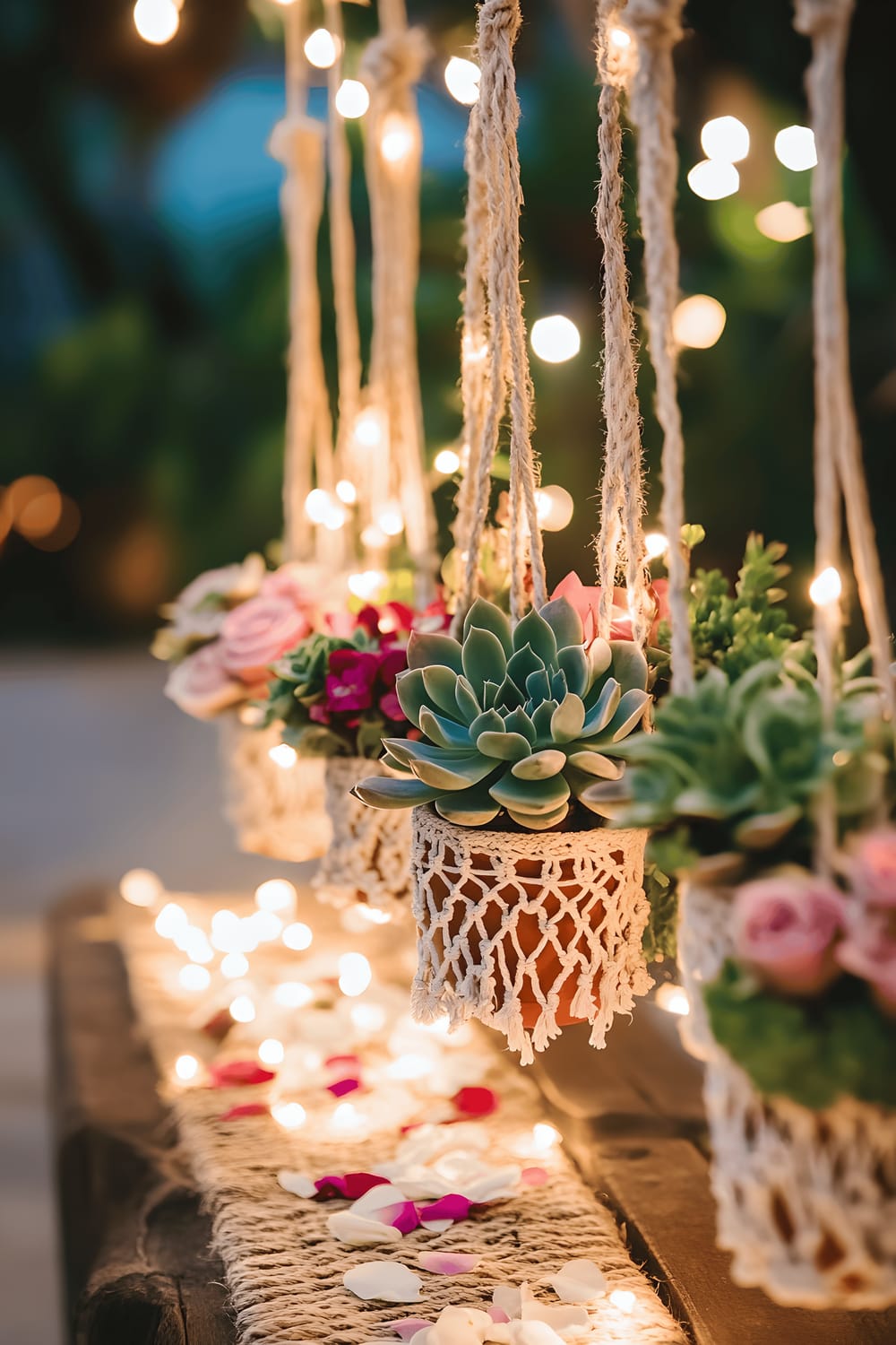 A centrally placed wooden dowel adorned with small succulents in macramé hangers on a woven jute runner. Tiny fairy lights and scattered rose petals add a whimsical touch while the warm lighting emphasizes the earthy tones of the whole arrangement.