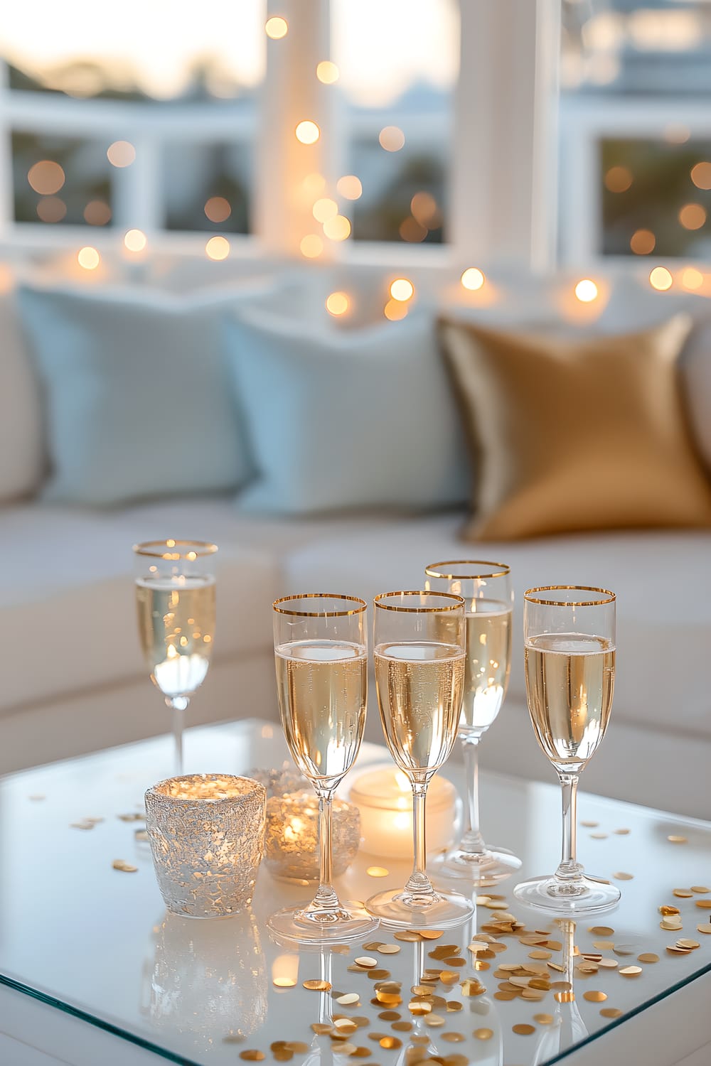 A coastal Miami beach house living room decorated for New Year’s Eve featuring a white glass coffee table set with four gold-rimmed champagne flutes, three silver candle holders with white candles, and a scattering of ten gold confetti pieces. The room is completed with a white linen sofa adorned with light blue and gold throw pillows, creating a vibrant accent. The room is illuminated by soft ambient lighting, creating a warm, inviting, and festive atmosphere.