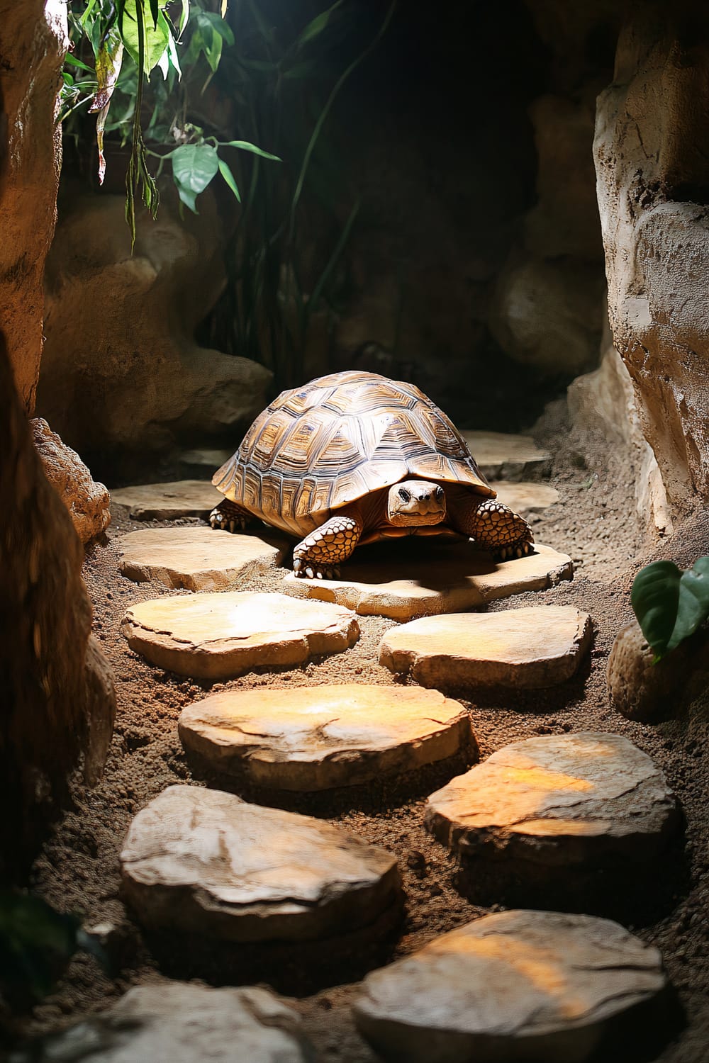 A tortoise walking on a path of stone slabs in a simulated natural habitat with rocky walls and green foliage.