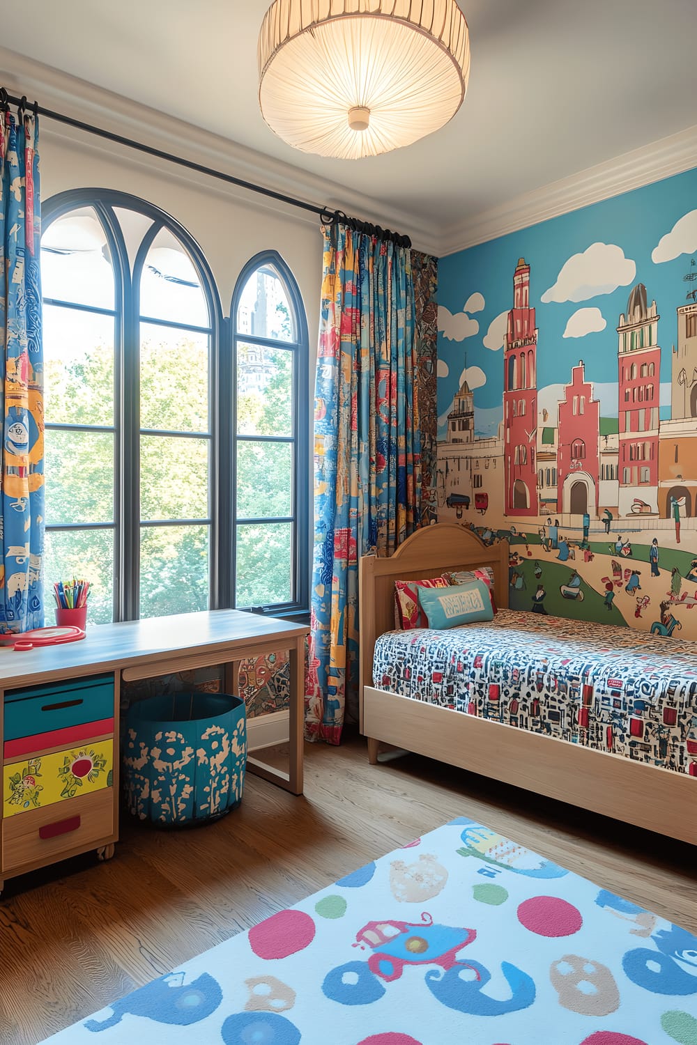 A brightly lit children's bedroom, enhanced with a vivid mural illustrating Barcelona's landmarks on the wall. The room also features a wooden bed with unique Catalan tile inlays, a desk with engaging patterns, and various storage bins with traditional Catalan designs. Soft pastel bedding, patterned rugs make the room colorful. Large windows, with whimsical curtains, flood the room with abundant natural light.