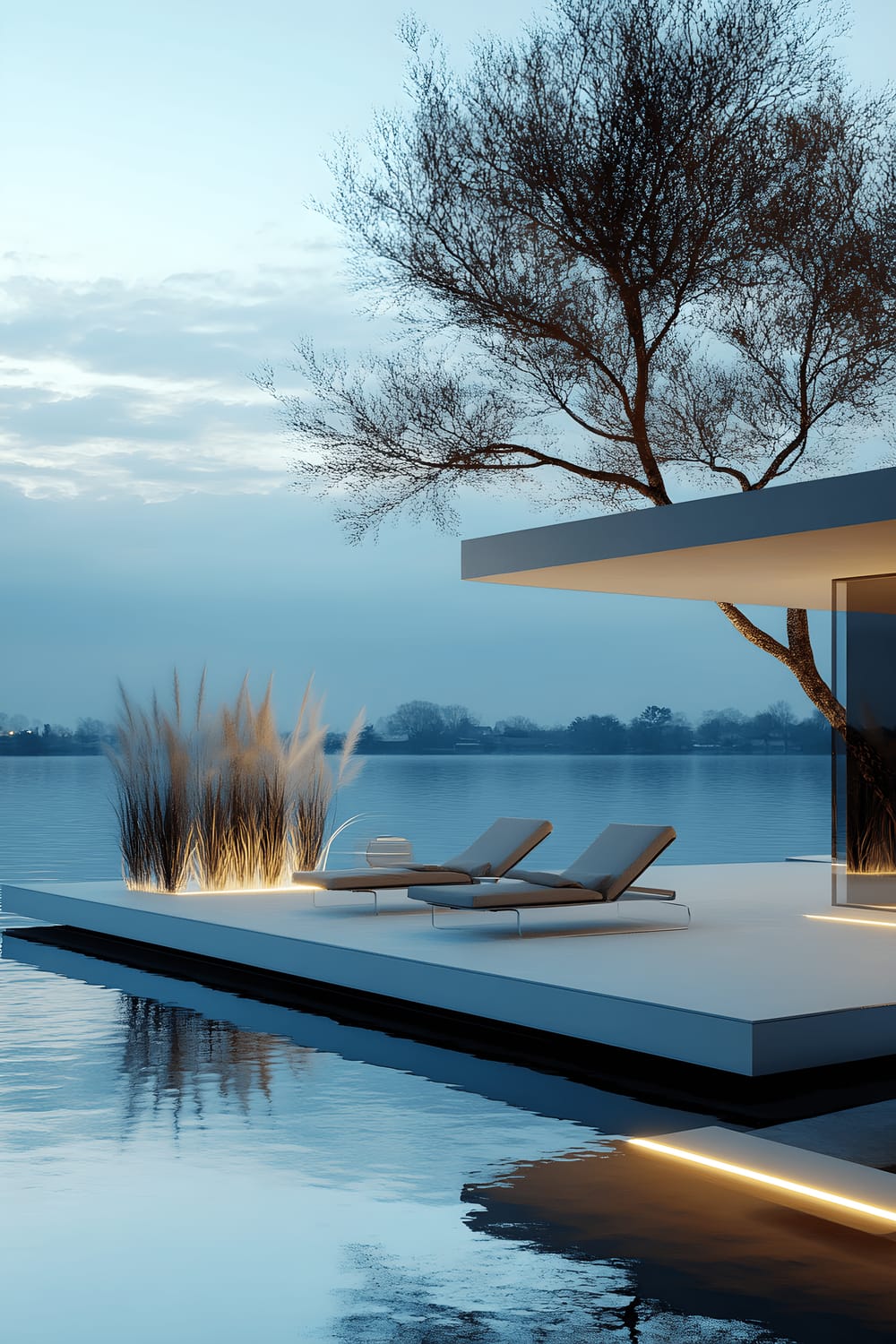 A serene image of a futuristic floating patio suspended over a calm lake under a clear sky. The minimalistic living space features sleek, low-profile lounge chairs in neutral tones, minimalist planters with pampas grass, with LED lights subtly illuminating the edges of the deck, creating a halo effect that contrasts the tranquil water below.