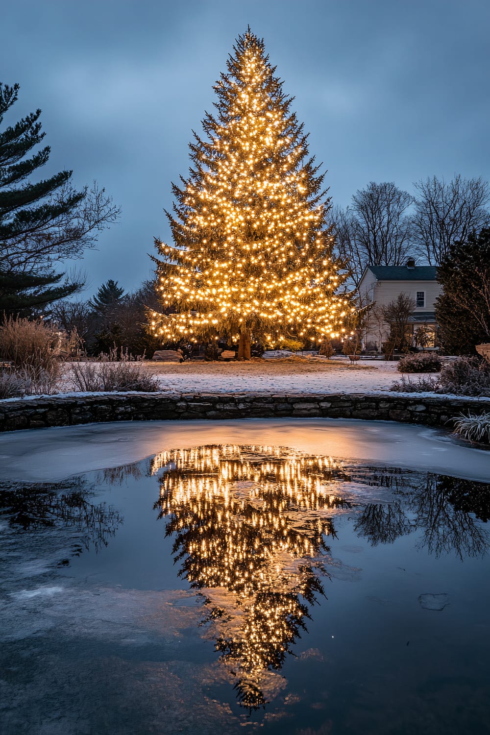 A large Christmas tree adorned with sparkling lights stands outdoors at dusk with its reflection shimmering in a partially frozen pond. Surrounding the tree are bare trees and a house in the background, with a light dusting of snow covering the ground.