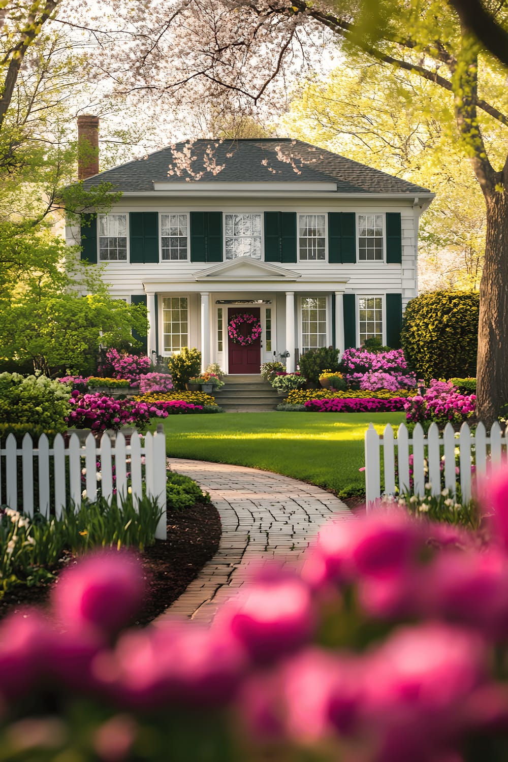 A grand Colonial-style house with a symmetrical facade, embellished with white columns and dark green shutters, all of which are contained within a white picket fence. The house is surrounded by a lush garden filled with vibrant hydrangeas in hues of pink and purple, trailing roses along the fence, and trimmed boxwood hedges. A curved brick pathway directs towards a bold red door decorated with a spring wreath. The entire scene is bathed in warm, golden sunlight filtering through mature maple trees, creating soft shadows on the well-maintained green lawn. In the flower beds, there are blooming tulips and daffodils, further enhancing the delightful springtime setting.