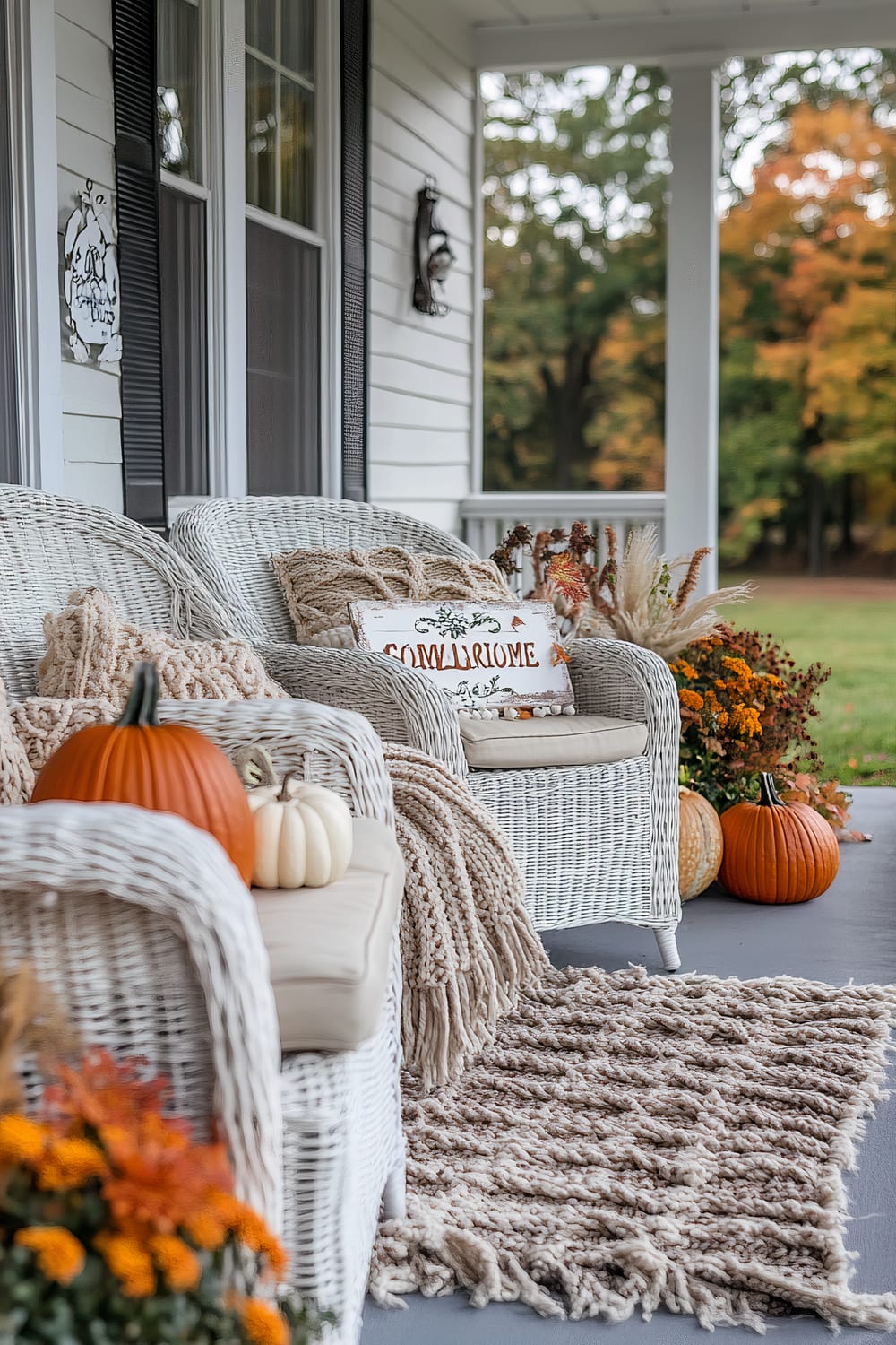 An outdoor patio scene featuring white wicker chairs adorned with beige knitted blankets and autumn-themed throw pillows. Various pumpkins, both orange and white, are artistically placed around the chairs, complementing the surrounding fall decor. The backdrop includes the exterior of a white house with large windows and black shutters, with a lush green yard and autumn trees in the background.