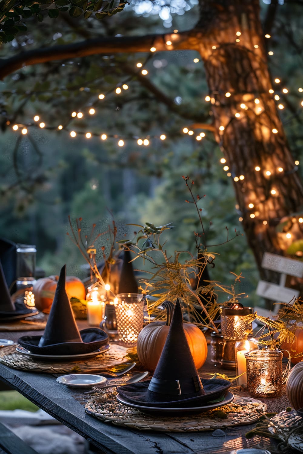 An outdoor Halloween-themed dining table set up under a tree with glowing string lights. The table features black witch hats placed on plates, pumpkins, and candlelit lanterns, creating a warm, festive ambiance. Lush green foliage and tree branches surround the setting.