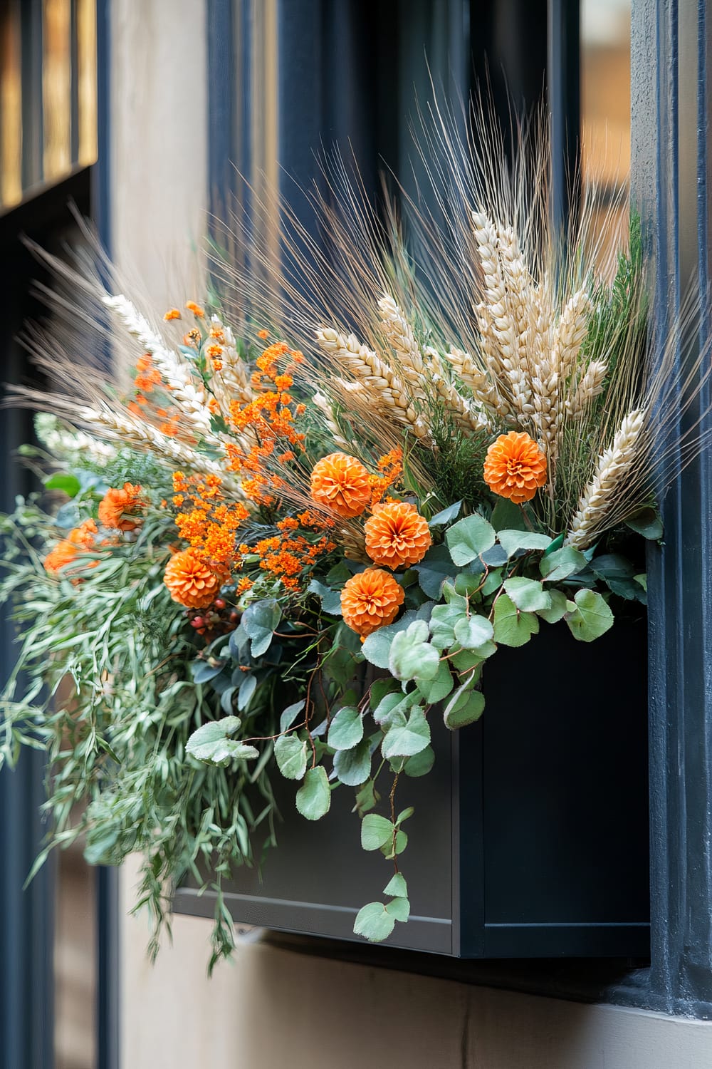 Close-up of a window box featuring a lush, autumn-themed floral arrangement. The display includes vibrant orange flowers, wispy wheat stalks, and green foliage. The black window frame contrasts with the natural colors of the plants.