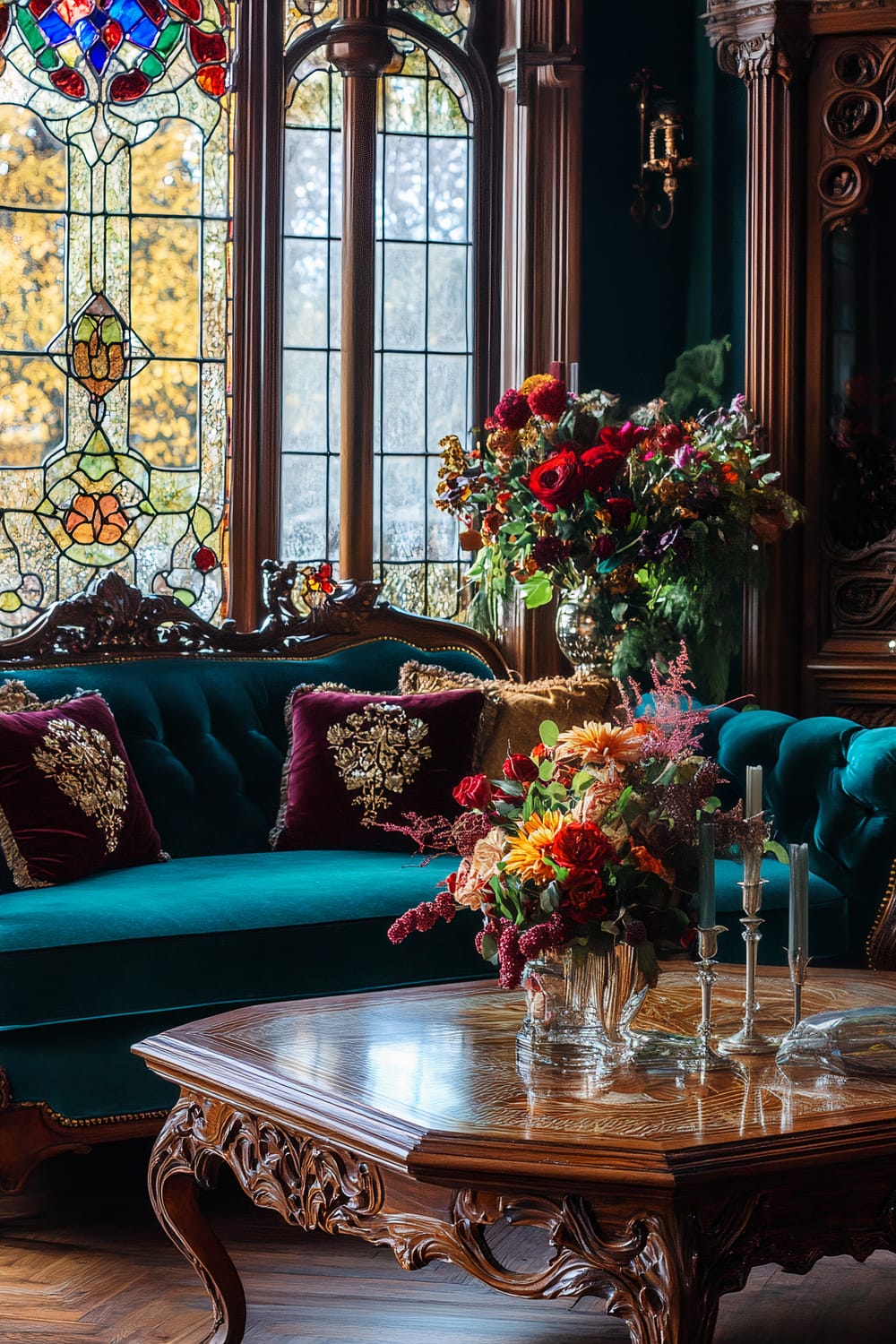 A graceful Art Nouveau-inspired living room decorated for Thanksgiving. The scene features a sleek wooden coffee table with intricate gold inlays, surrounded by plush teal velvet sofas with embroidered gold cushions. Elegant floral arrangements in deep burgundy and emerald green are placed in ornate vases, and a large stained-glass window lets in soft natural light. Minimalist metallic candle holders are on the table, contributing to the harmonious and uncluttered composition that blends vintage elegance with rich, dramatic colors.