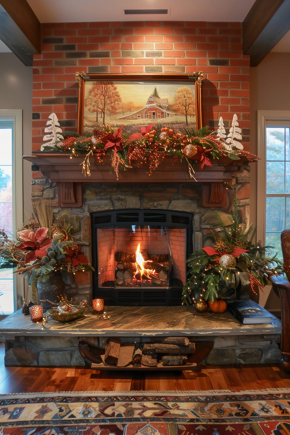 A warm, inviting living room features a beautifully decorated brick and stone fireplace. Above the mantle, there is a framed painting of a barn surrounded by autumn scenery, complemented by festive greenery, red poinsettias, berries, and golden ornaments. The hearth is adorned with more holiday decorations, including a vase with floral arrangements and candle holders. Firewood is neatly stacked in the compartment below the fireplace, and a large, patterned rug covers the wooden floor in front of the hearth. Large windows flank the fireplace, allowing natural light to stream into the cozy space.