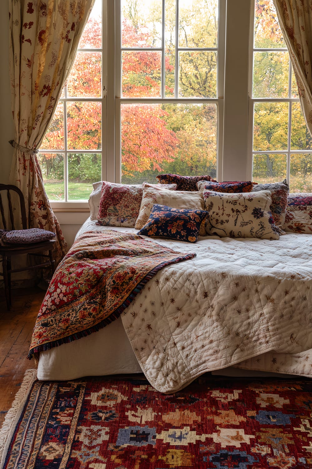 An inviting bedroom scene with a patchwork bed, filled with colorful cushions and draped with a knitted quilt. The room has patterned curtains on large windows, through which vibrant autumn foliage is visible. The wooden flooring is complemented with an area rug that showcases bold red, orange, and blue hues.