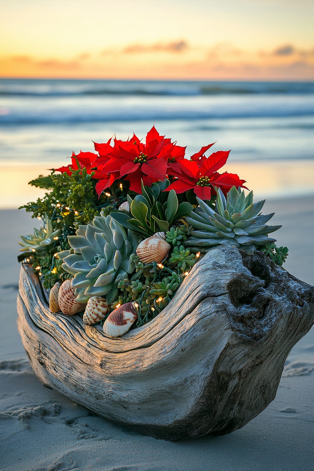 A driftwood planter filled with a variety of succulents, including Echeveria and Aloe Vera, interspersed with bright red poinsettias. The planter is adorned with seashells and soft white fairy lights, positioned on a sandy beach porch with gentle ocean waves in the background. The scene is bathed in warm sunset light, creating a serene coastal Christmas ambiance.