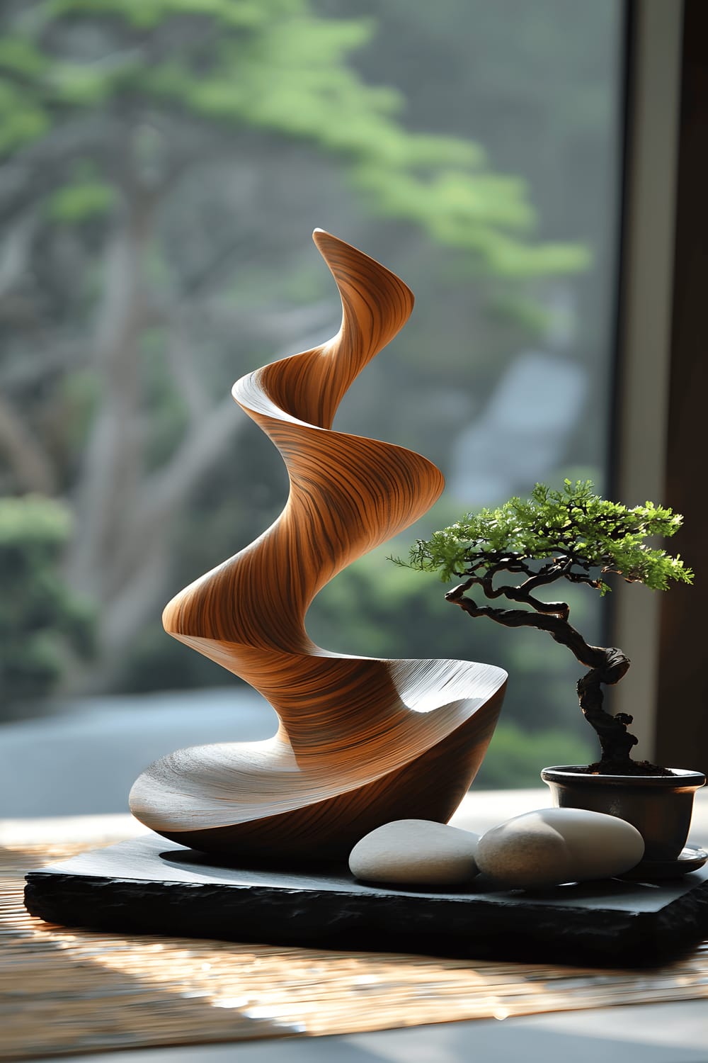 A kitchen table centerpiece, featuring handcrafted wooden sculptures on a black slate plate, surrounded by smooth river stones, and small potted bonsai trees. Directional lighting casts dramatic shadows, highlighting the intricate textures of the wood. The tablecloth, in a neutral tone, emphasizes the organic materials and architectural elegance of the staging.