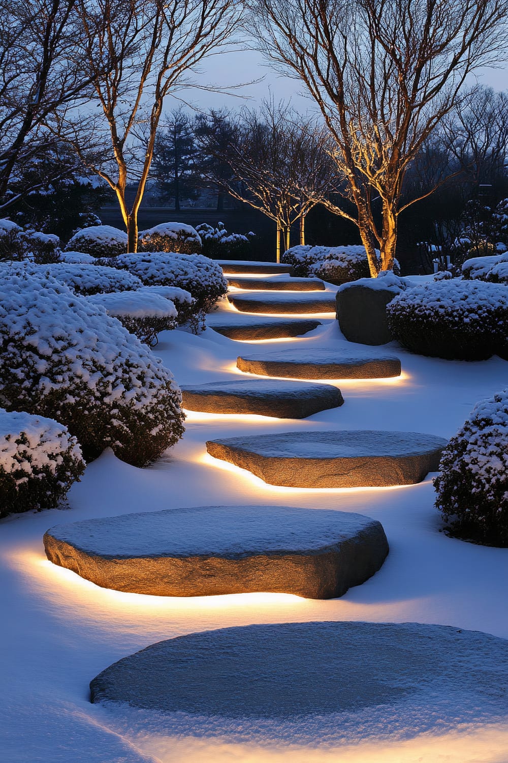 A winter garden scene featuring large stone steps covered in snow, illuminated by soft, warm lights underneath. The path is lined with snow-covered bushes and leafless trees.