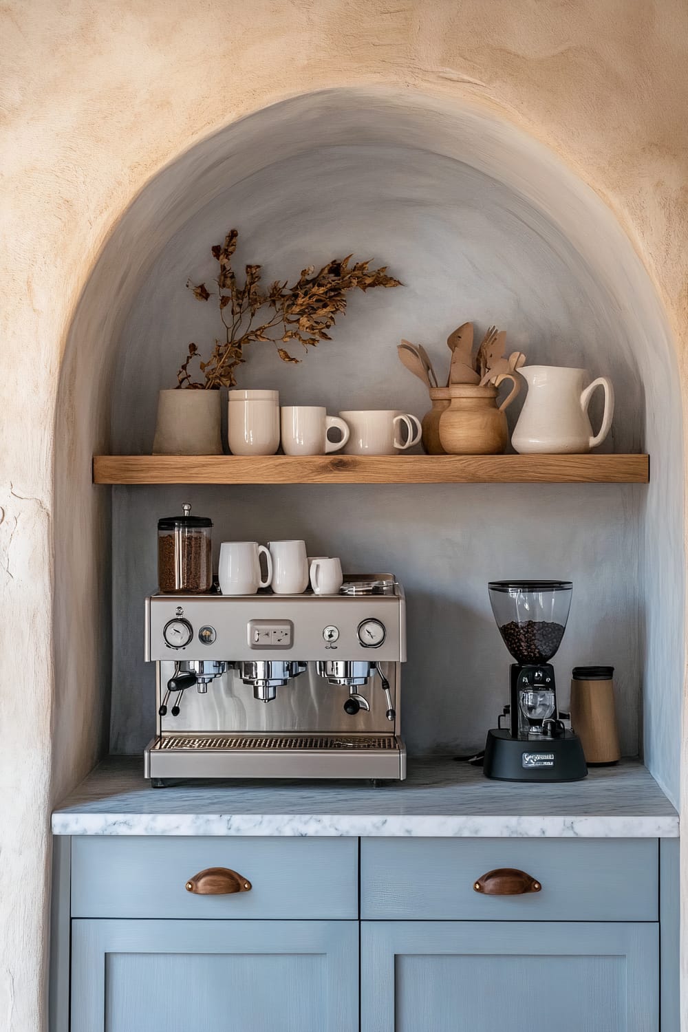 A niche in a wall houses a well-arranged coffee station with a rustic and minimalist design. The arched alcove features a soft plaster finish with a light blue-gray hue that encases a wooden shelf. This shelf holds various ceramic items such as mugs, a jug, a generously proportioned pitcher, and a container filled with wooden kitchen utensils. Below the shelf, an espresso machine sits on a marble countertop, flanked by a French press and an electric coffee grinder. The cabinetry underneath is painted in a light blue shade with brass drawer pulls.