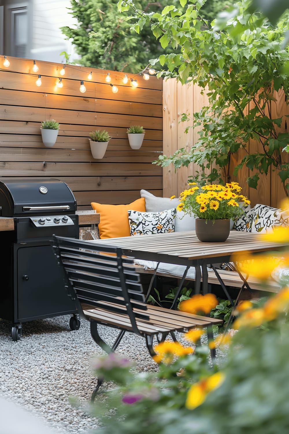 A quaint garden patio featuring a bench draped with comfortable, pastel cushions situated alongside a tiny round metal table and matching chairs. The outdoor setting is spruced up with a small grill and several decorative vases filled with bright yellow flowers. Soft light coming from the string lights is dispersed across all corners, illuminating the wooden slat fence that encapsulates this peaceful get-away-spot.