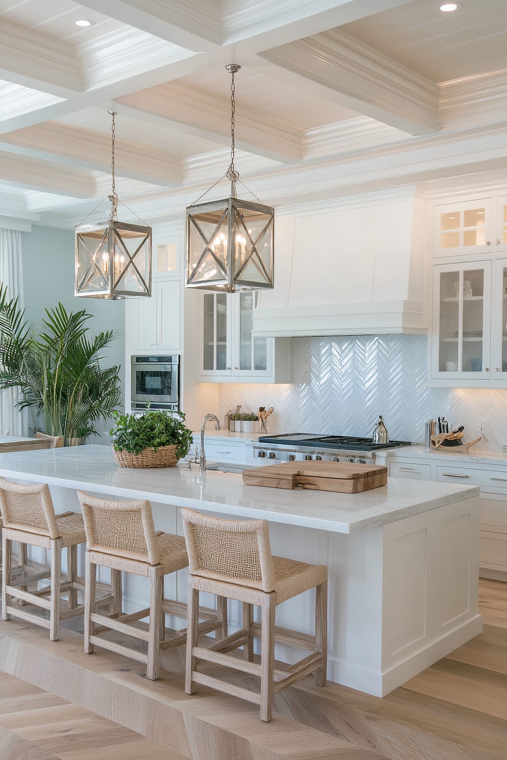 A sophisticated kitchen featuring a large island with a marble countertop, surrounded by four wooden stools with woven seats. The island houses a sink and a basket with a green plant. Above the island hang two large, geometric pendant lights. The backdrop includes built-in white cabinetry with glass doors, a stainless steel double oven, a stove with a hood, and a backsplash with a chevron pattern. A potted plant is positioned to the left, adding a touch of greenery to the space. The ceiling features coffered detailing, and the floor is laid with light wooden planks arranged diagonally.