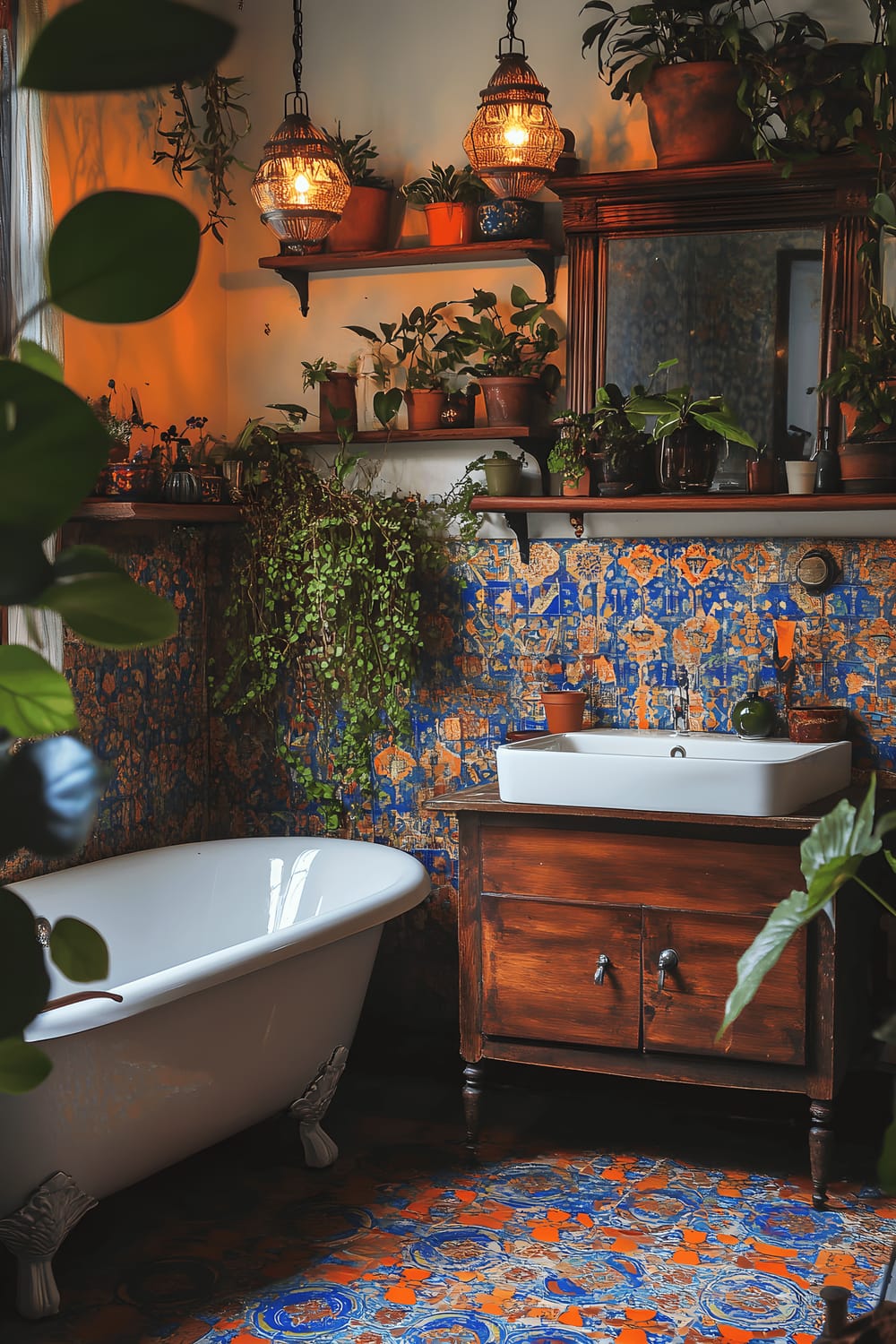 A vibrant bohemian chic bathroom decorated with Moroccan-style tiles in rich hues of blue and orange features a vintage wooden vanity showcasing colorful ceramics. A clawfoot bathtub is nestling amidst lush indoor greenery. Warm, ambient lighting from hanging lanterns paints a picture of an eclectic, cozy space.