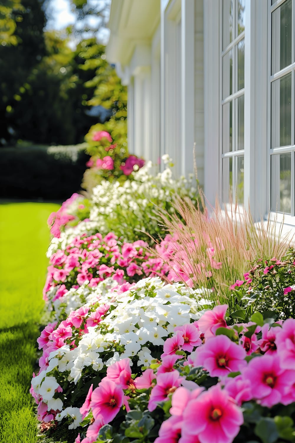 A side view of a white house with large windows reflecting a lush, green lawn. Next to the house is a well-maintained flower bed filled with layers of vibrant pink and white begonias, neatly trimmed green shrubs, and tall ornamental grasses. The scene is bathed in bright sunlight, highlighting the radiant colours of the flowers and the clean, structured design of the garden.