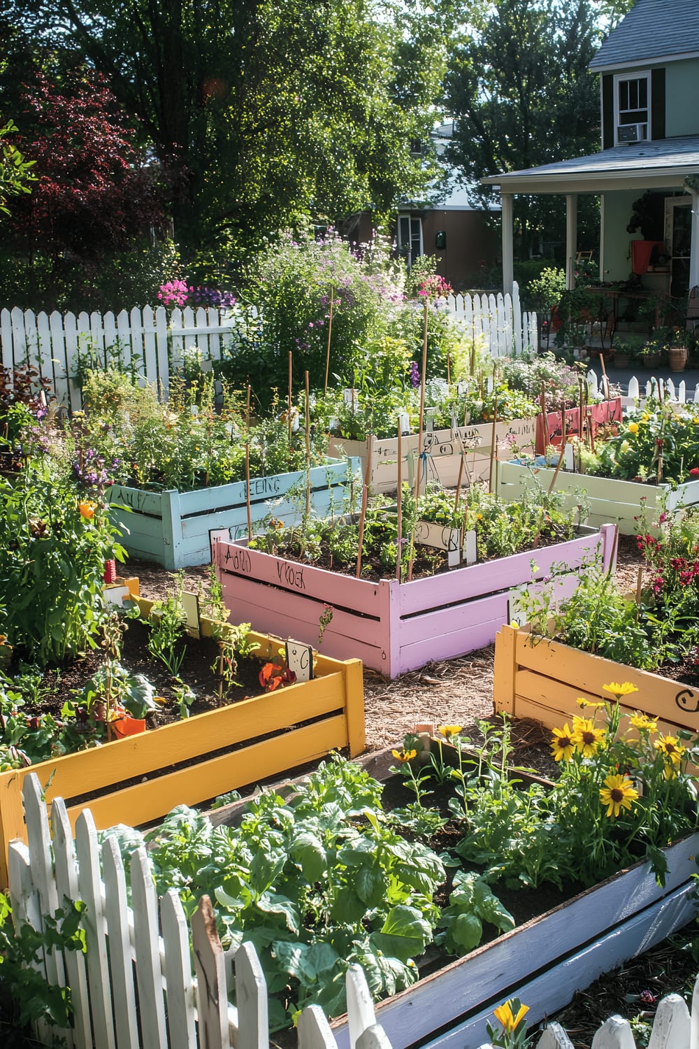 A brightly-lit photo showcasing a vibrant backyard vegetable garden during the day, complete with raised wooden beds painted in pastel colors, and hand-painted labels identifying each crop. The garden is surrounded by white picket fences and populated with sprouting vegetables and colorful herbs in bloom.