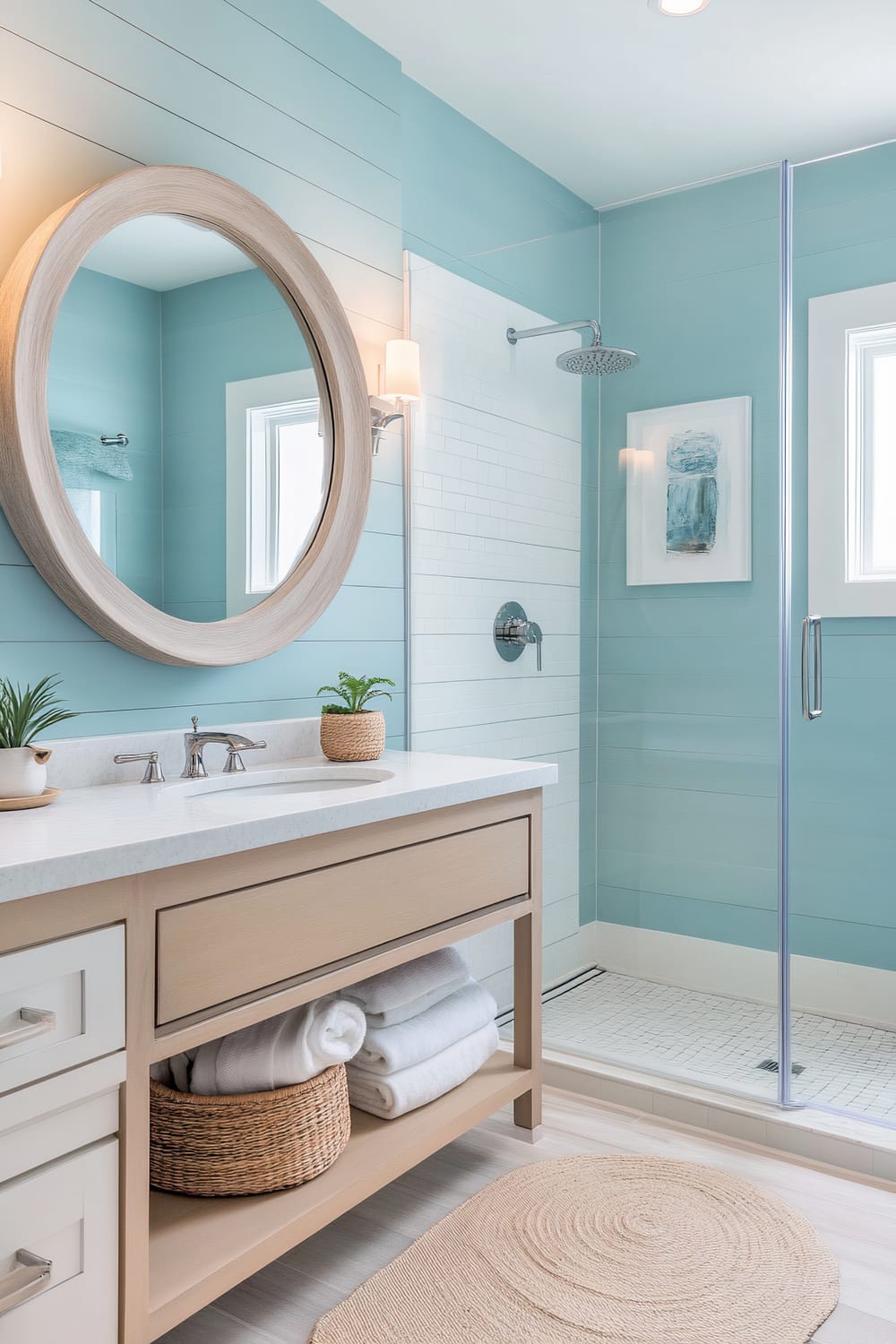 Bathroom with blue shiplap walls, a round wooden-framed mirror, and a glass-enclosed shower. The vanity is topped with a white countertop, with a built-in sink and chrome fixtures. Green plants in small pots and a natural woven basket with rolled towels sit on or under the vanity. The shower has white subway tiles and a rain showerhead.