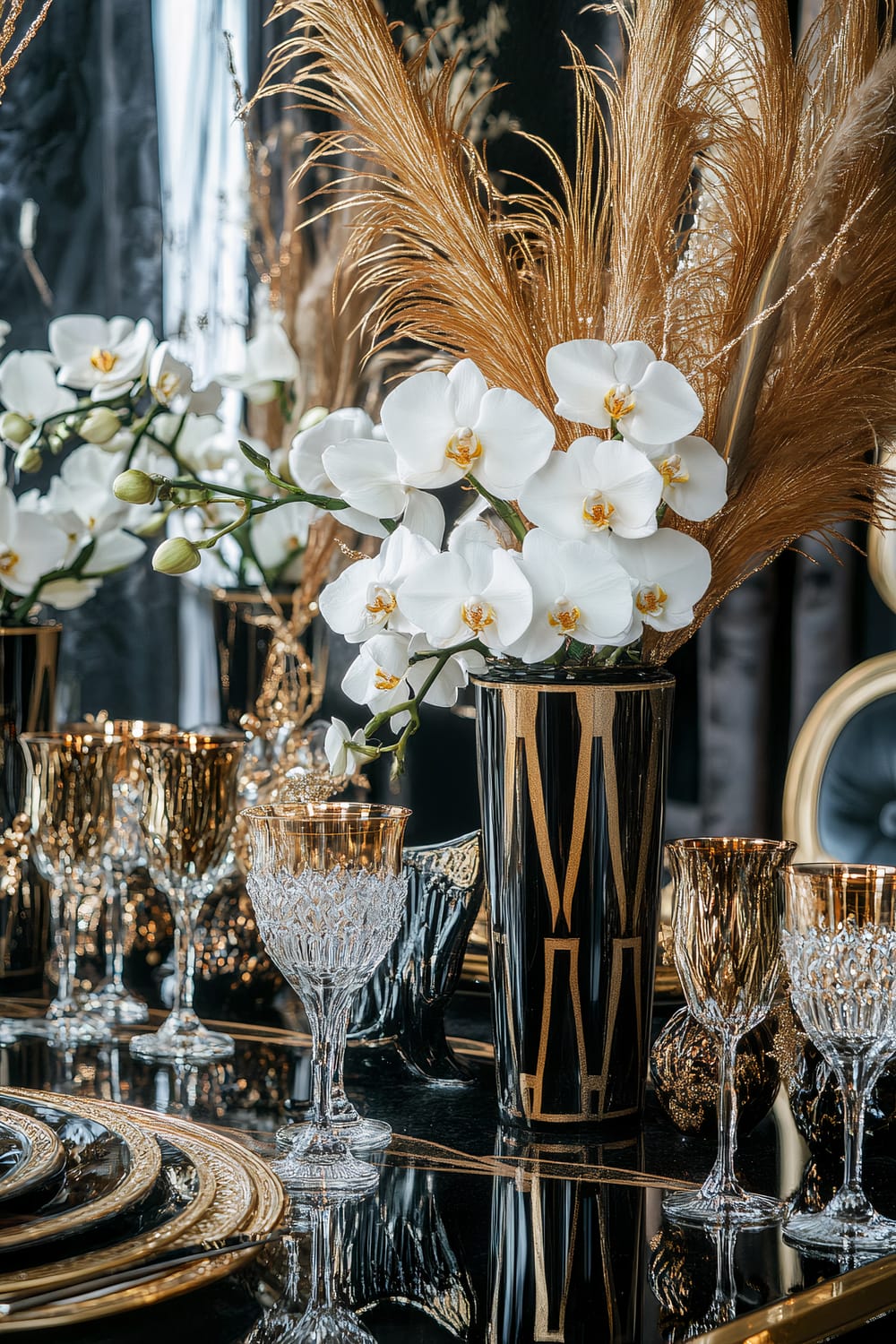 A luxurious dining table setting with an arrangement of white orchids and golden decorative feathers in an elegant black vase with gold accents. Surrounding the centerpiece are crystal goblets and black and gold dishware, reflecting an upscale and sophisticated ambiance.