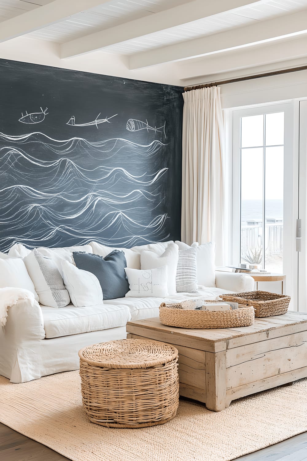 A serene coastal beach house living room featuring a light blue chalkboard wall adorned with wave patterns and seaside motifs in white and navy chalk. The room contains whitewashed wooden furniture and neutral linen textiles, with wicker baskets adding a rustic touch. Large windows provide an unobstructed view of the ocean while bathing the room in natural light that highlights the chalk art. Decorative elements like seashells and driftwood accents complete the maritime theme.