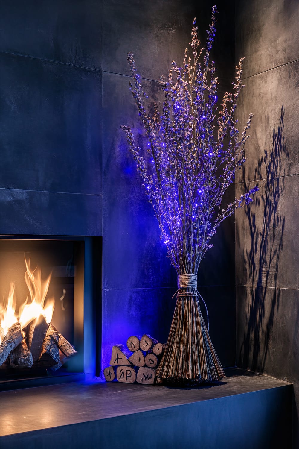 A witch's broom with purple glowing runes is placed on a modern fireplace mantle. The room is dimly lit, highlighting the glowing broom against dark, minimalist decor and walls. Wooden logs with carved symbols are stacked beside the broom, and a fire burns warmly within the sleek fireplace.