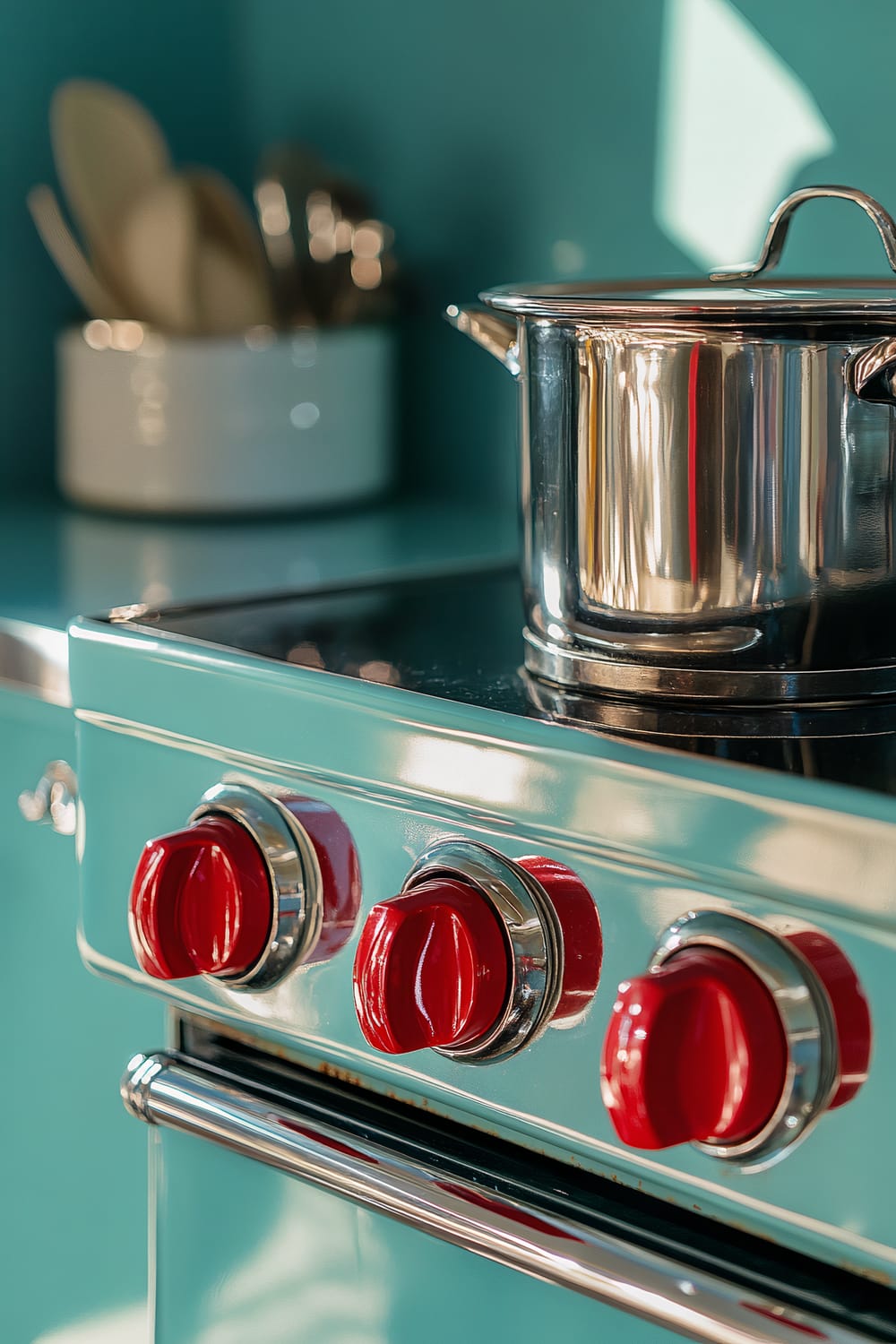 A close-up of a vintage 1950s stove with a shiny chrome finish and three prominent red knobs. A single stainless steel pot is placed on the burner. The background is uncluttered, with a jar containing kitchen utensils slightly blurred to the side. The stove has vibrant colors, and strong side lighting emphasizes its details.