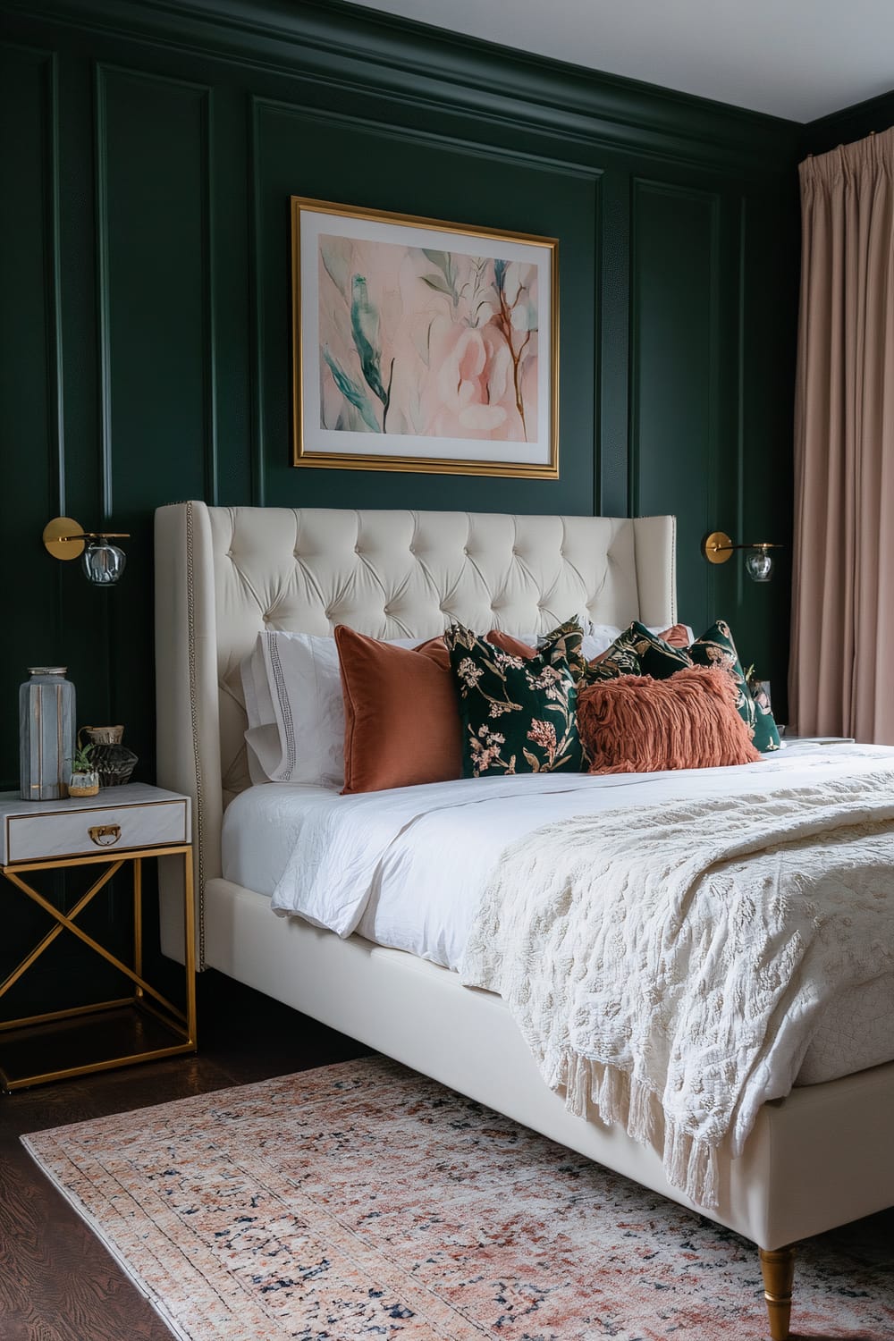 A sophisticated bedroom interior featuring a plush, off-white tufted bed with multicolored decorative pillows. The bed is adorned with white, ivory, and rust-colored pillows, along with a textured cream throw. The dark green paneled walls contrast elegantly with the light-colored bed and bedding. Above the bed, a framed abstract artwork in pink, peach, and blue hues hangs on the wall. Twin gold sconces with glass bulb shades flank the bed. To the left of the bed is a white nightstand with gold accents and various decor items including a small plant, a jar, and a small sculpture. The floor features a patterned area rug with pink and beige tones, adding warmth to the space. A light pink curtain is drawn to the right side, adding a delicate touch to the room.