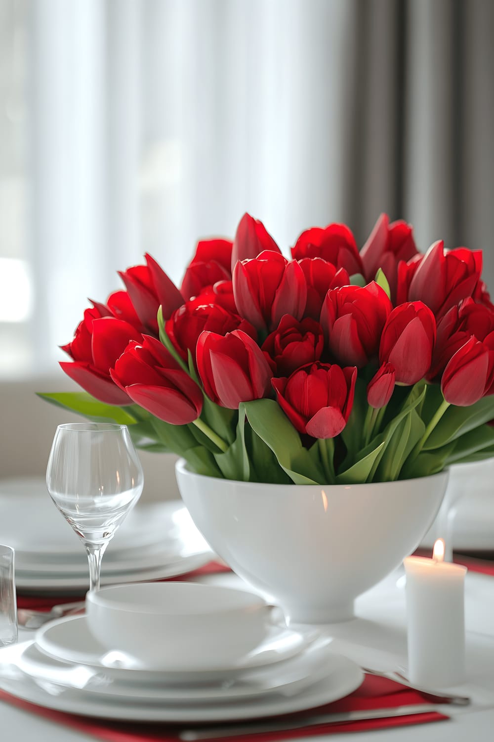 A modern and elegant dining table set for an intimate dinner for two. The table is decorated with clean white tableware, including white porcelain plates and clear glass wine glasses. A captivating low-package of red roses and tulips in a minimalist white ceramic bowl stands as a bold centerpiece. On either side of the floral arrangement, slender white candles cast a soft and gentle glow. In the background, a sleek, neutrally toned dining room can be seen, adding to the sophisticated and romantic aura.