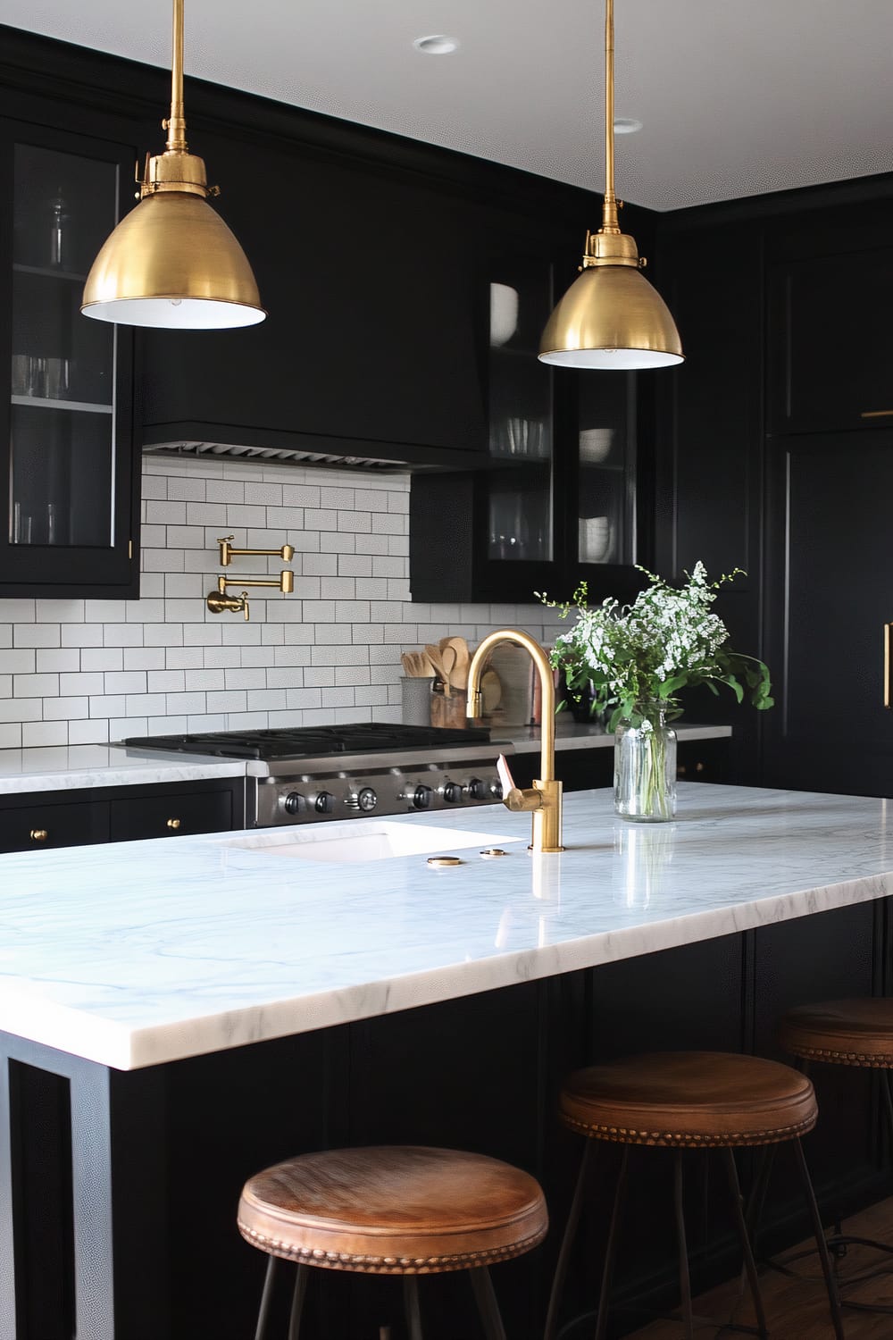 A modern kitchen with black cabinetry and white marble countertops. Brass fixtures, including a faucet and pendant lights, add a touch of luxury. The backsplash features white subway tiles, while three wooden stools with metal legs are positioned at the island. A vase with green and white flowers sits on the island, adding a refreshing element.