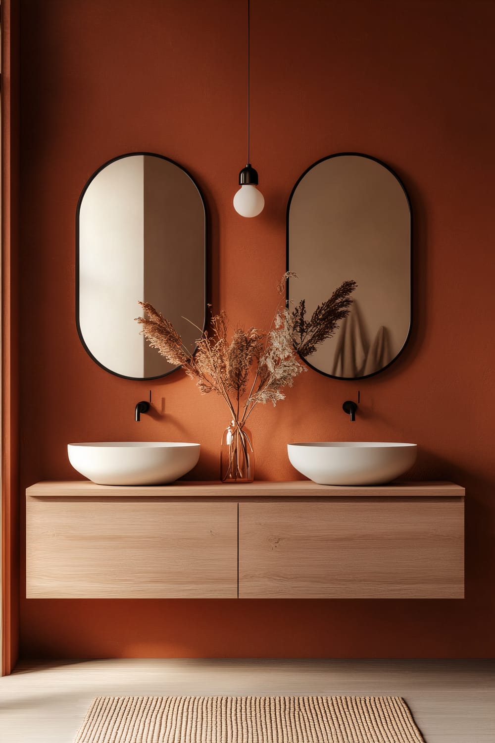 A minimalist bathroom with a warm, earthy-toned aesthetic. The focus is on a wooden vanity with two white, round vessel sinks. Above each sink is an oval mirror with a thin black frame. Between the mirrors hangs a single pendant light with an exposed bulb. A transparent vase with dried pampas grass is placed centrally on the countertop. The walls are painted in a rich, terracotta color, and a woven, beige bath mat sits on the light wooden floor.