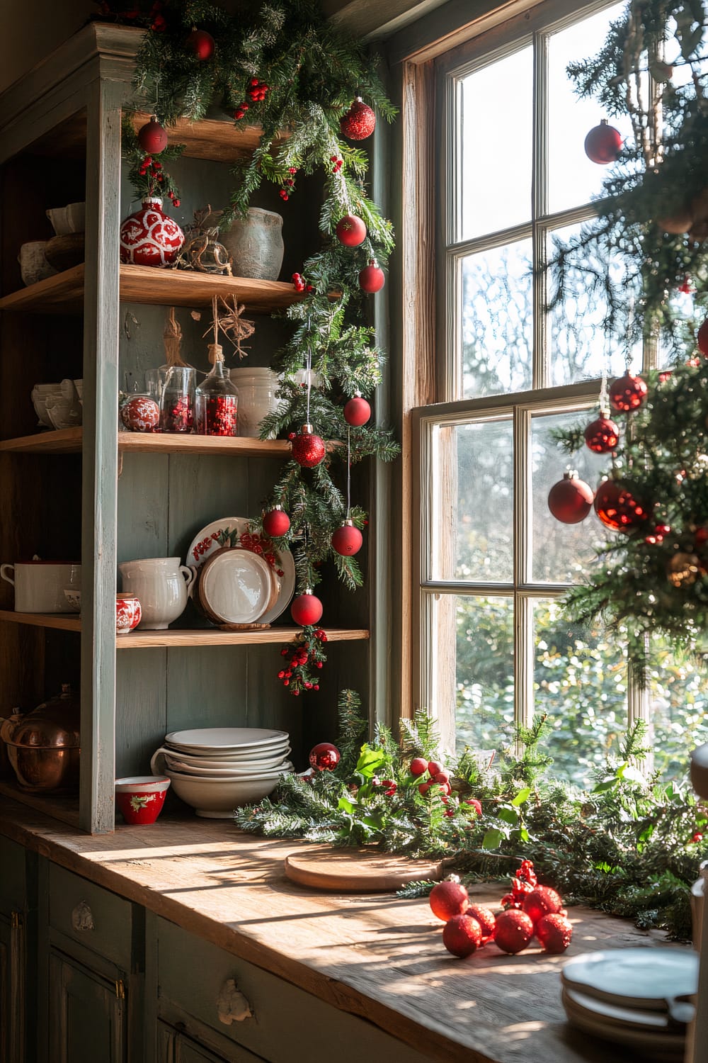 A traditional old farmhouse kitchen window is decorated for Christmas. The scene features a vintage tree adorned with handcrafted red and green ornaments, and rustic wooden shelves decorated with festive garlands. Bright natural sunlight enhances the festive decor, illuminating the wooden countertop, which is adorned with sprigs of evergreen and red berry ornaments. Shelves are lined with white ceramics and small Christmas decorations, adding to the rustic holiday atmosphere.