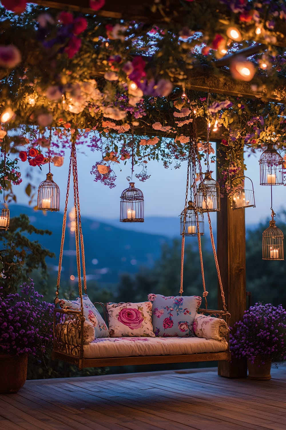 A vibrant outdoor patio scene set under a canopy of beautiful hanging flowers including roses, peonies, and lavender. A swing chair, decorated with embroidered cushions, floats in the center, surrounded by vintage birdcages filled with glowing fairy lights. The sky in the background is filled with soft, twilight hues.