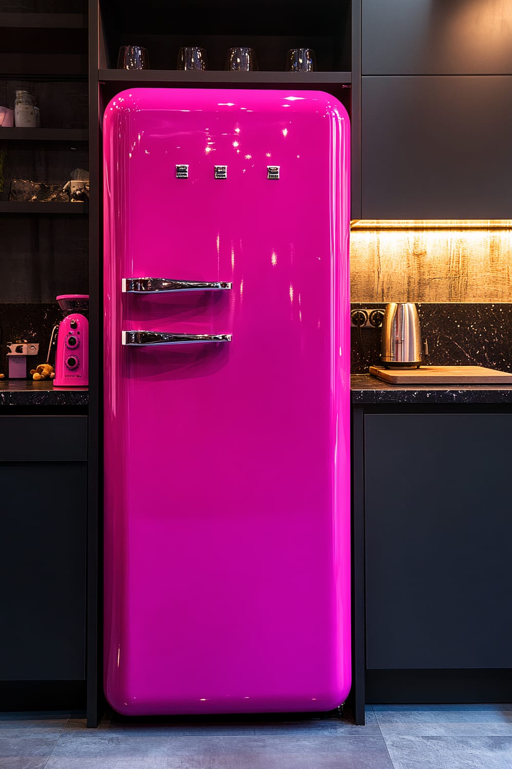 A vibrant retro pink refrigerator with rounded edges and chrome handles is set in a modern kitchen with dark grey cabinets and black countertops. The refrigerator is illuminated by dramatic spotlighting, creating reflective highlights. The background features minimalistic decor with a few colorful kitchen accessories, including a pink appliance on the left and a metallic kettle on the right.