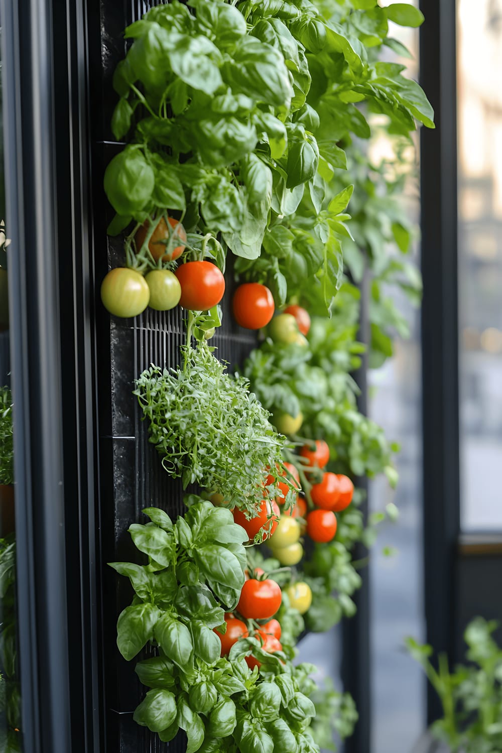 A vertical planter attached to a balcony wall, densely packed with various herb plants such as basil, chives, thyme, and small cherry tomato plants. The plants give a lush, vibrant green appearance, effectively utilizing the available urban space for gardening.