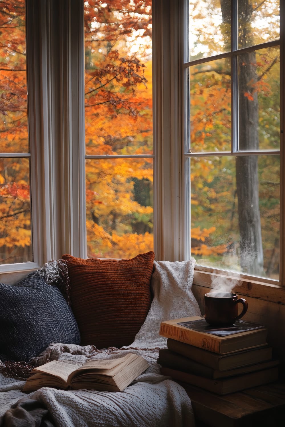 A cozy reading nook by a bay window with fall foliage outside. The nook has a gray blanket, orange and blue pillows, an open book, and a steaming cup of tea on a stack of books.