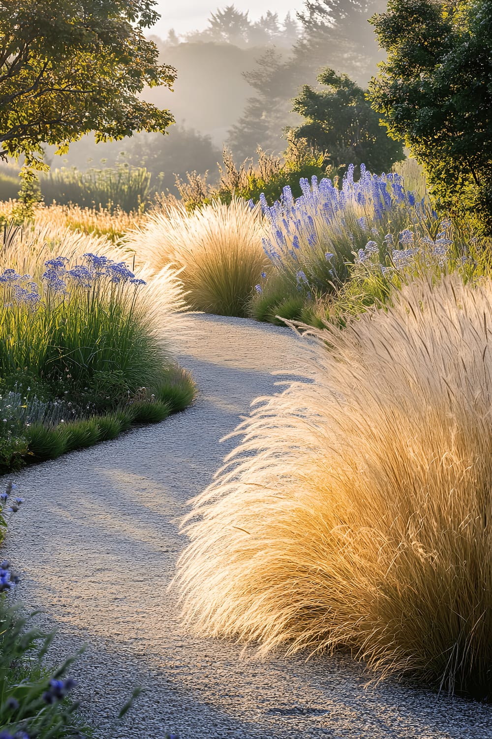 A breathtaking image of an ornamental grass meadow. The meadow features multiple types of grasses including flowing fountain grass, blue fescue, and switchgrass. Their feathery plumes sway softly in the wind across a golden, sunlit expanse. A curved gravel path meanders through the meadow, adding a sense of depth and guiding the viewer's eye through the image.